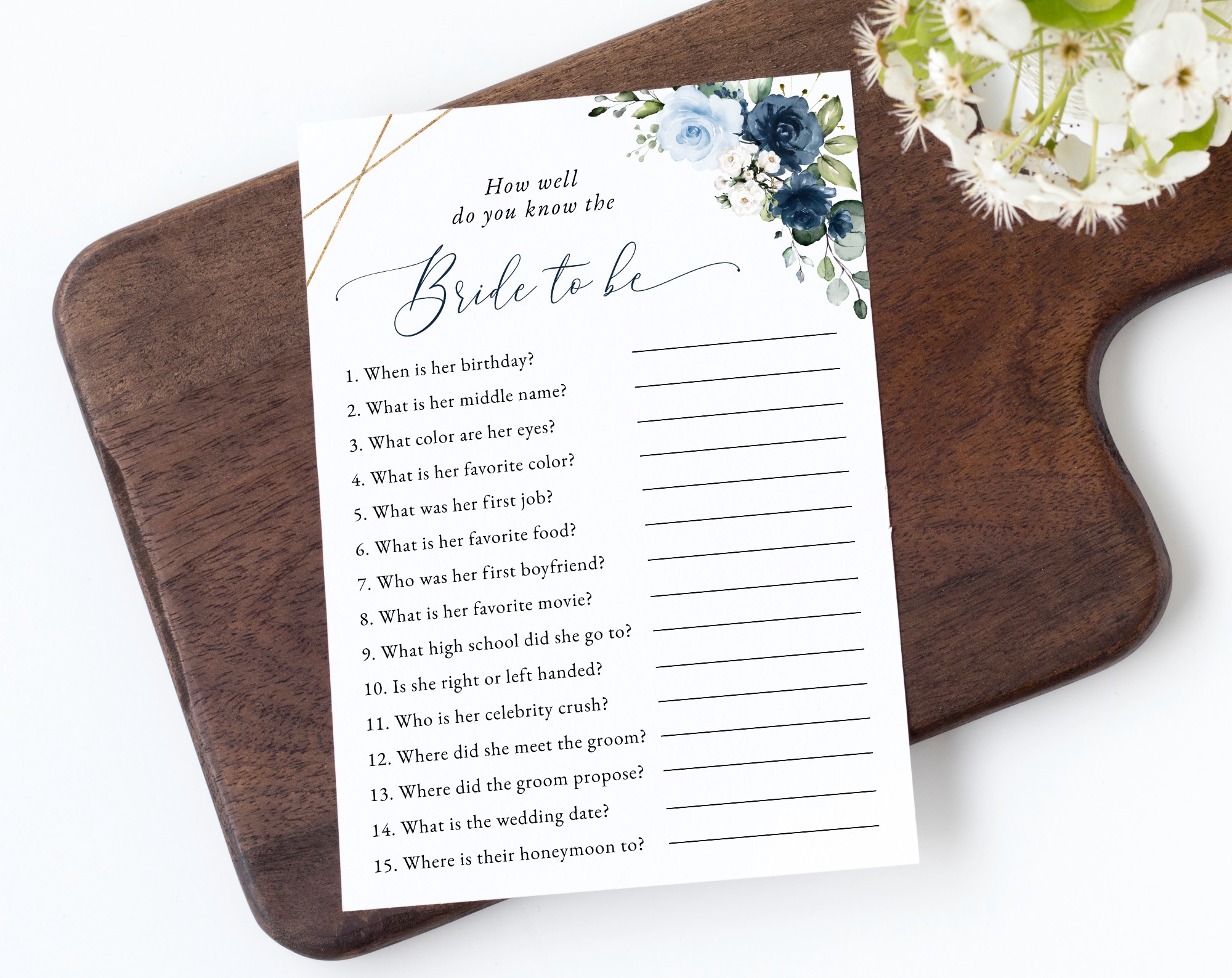 Navy and Blue Flowers Bridal Shower Games, Set of 3 Games, Printable File, Edit Yourself, SH183