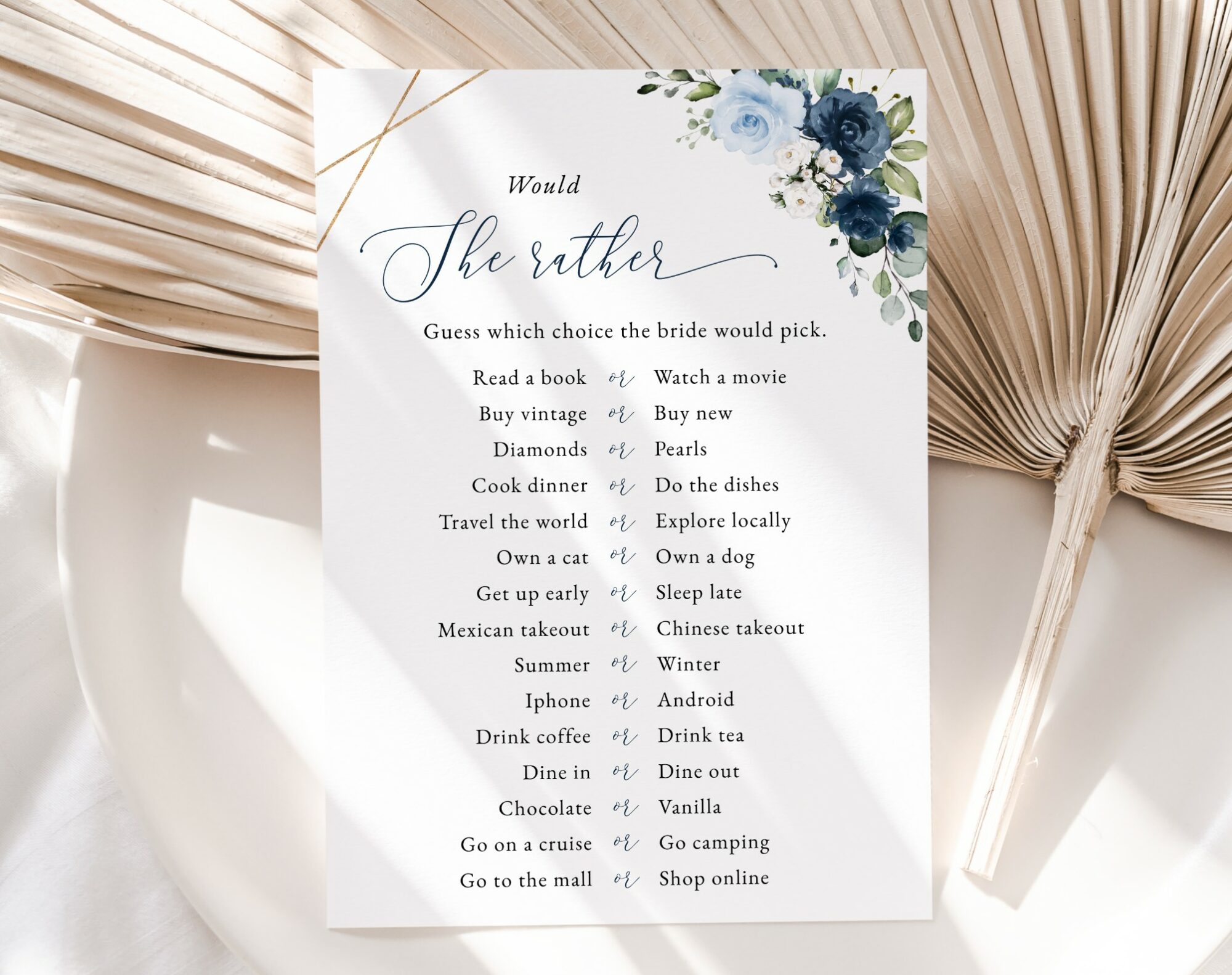 Navy and Blue Flowers Bridal Shower Games, Set of 3 Games, Printable File, Edit Yourself, SH183