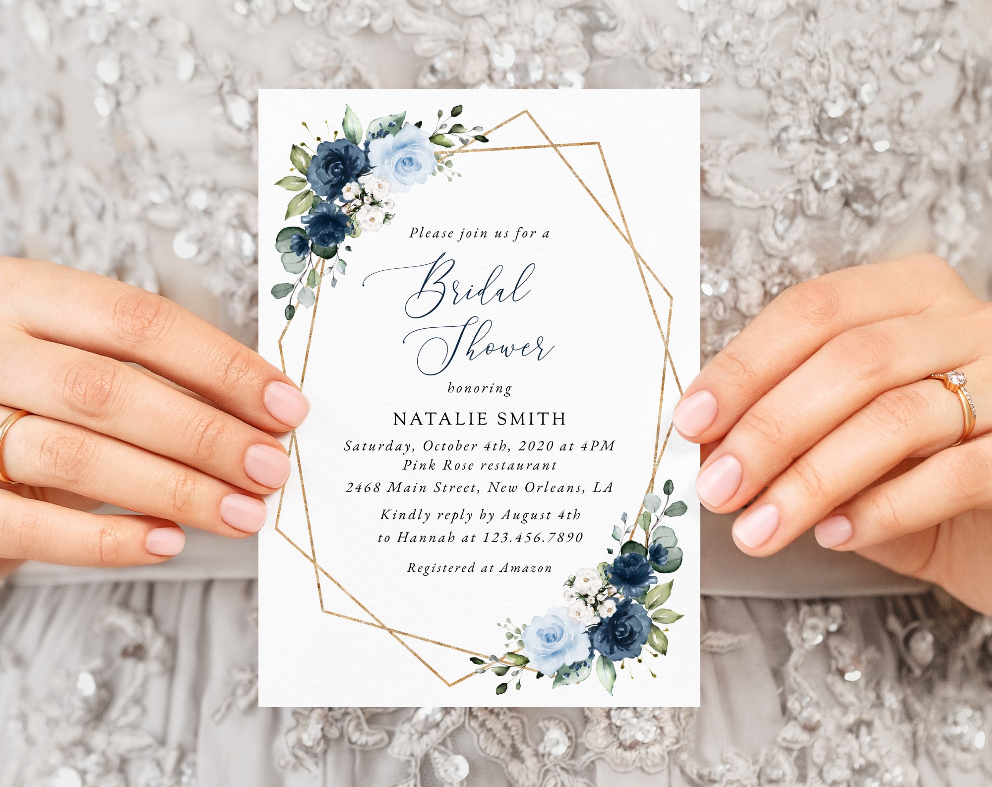 Navy and Blue Flowers Bridal Shower Invitation, Bridal Stationery, Printable File, Edit Yourself, SH183
