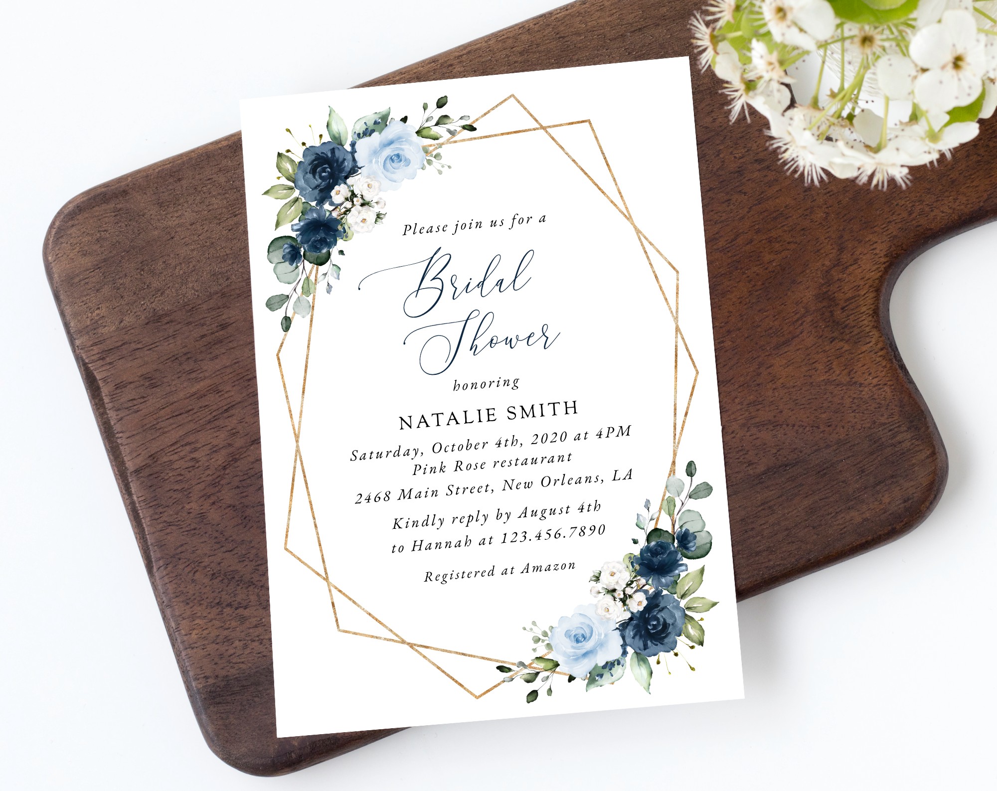 Navy and Blue Flowers Bridal Shower Invitation, Bridal Stationery, Printable File, Edit Yourself, SH183