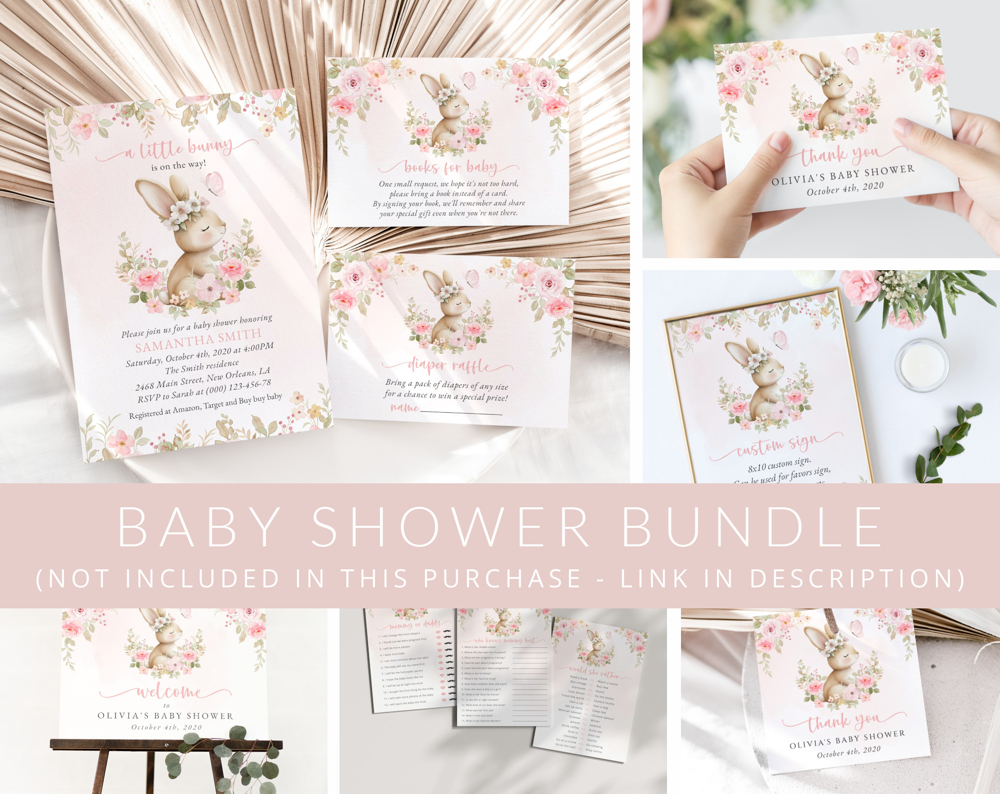Baby Bunny and Pink Flowers Baby Shower Mini Bundle, Girl Baby Shower, Printable File, Edit Yourself, SH184
