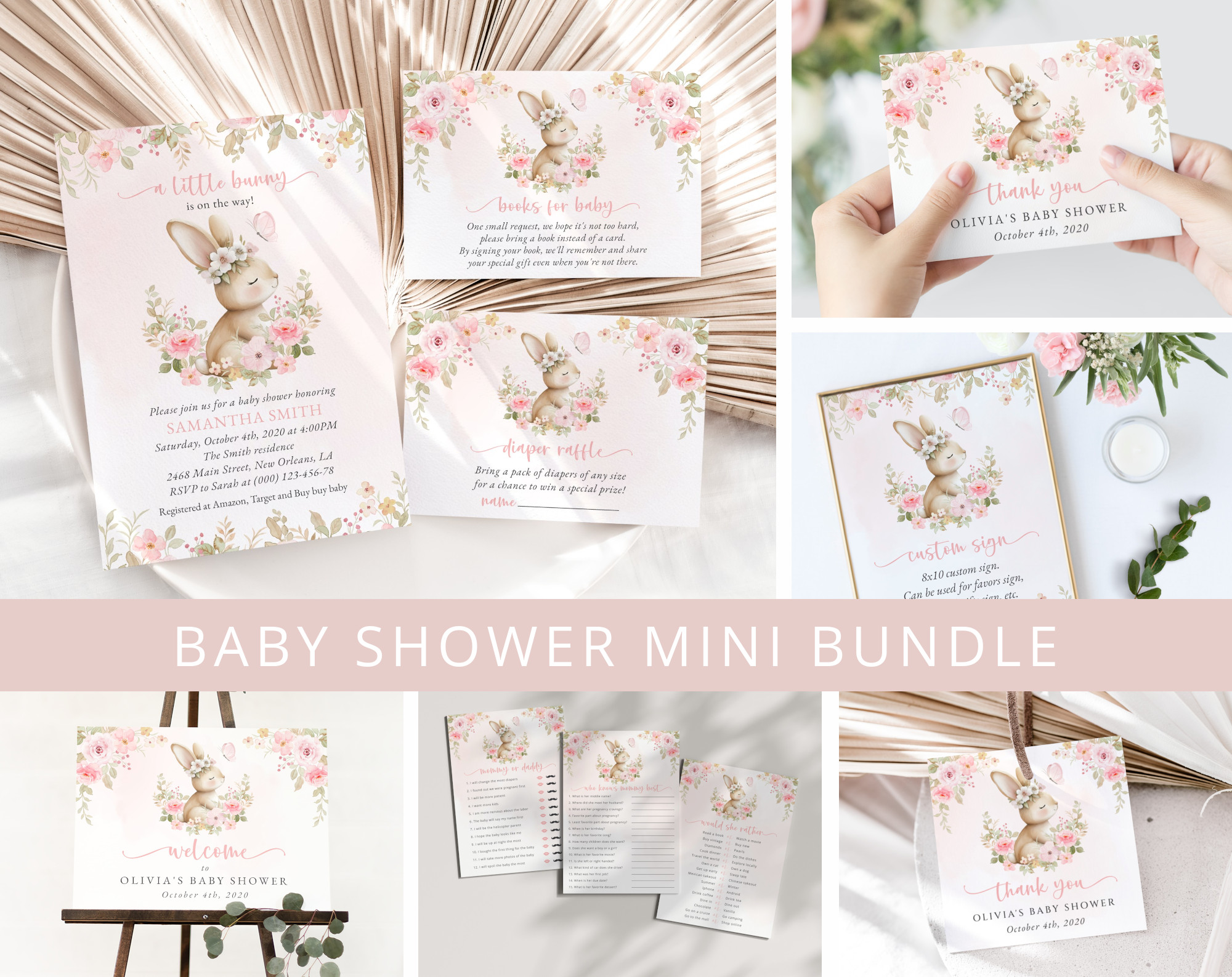 Baby Bunny and Pink Flowers Baby Shower Mini Bundle, Girl Baby Shower, Printable File, Edit Yourself, SH184 Baby Bunny and Pink Flowers Baby Shower Mini Bundle, Girl Baby Shower, Printable File, Edit Yourself, SH184
