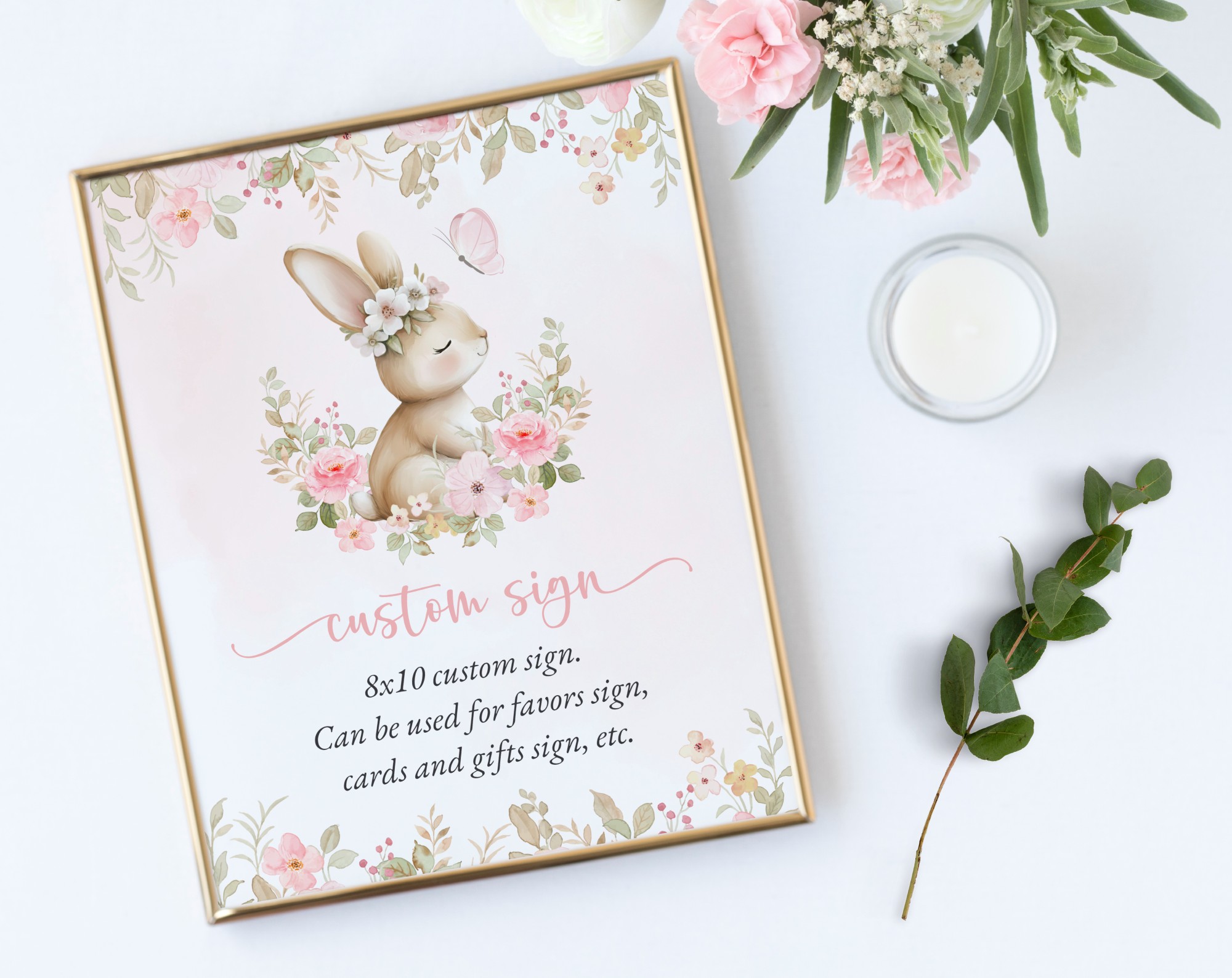 Baby Bunny and Pink Flowers Custom Sign, Printable File, Edit Yourself, SH184 SH186