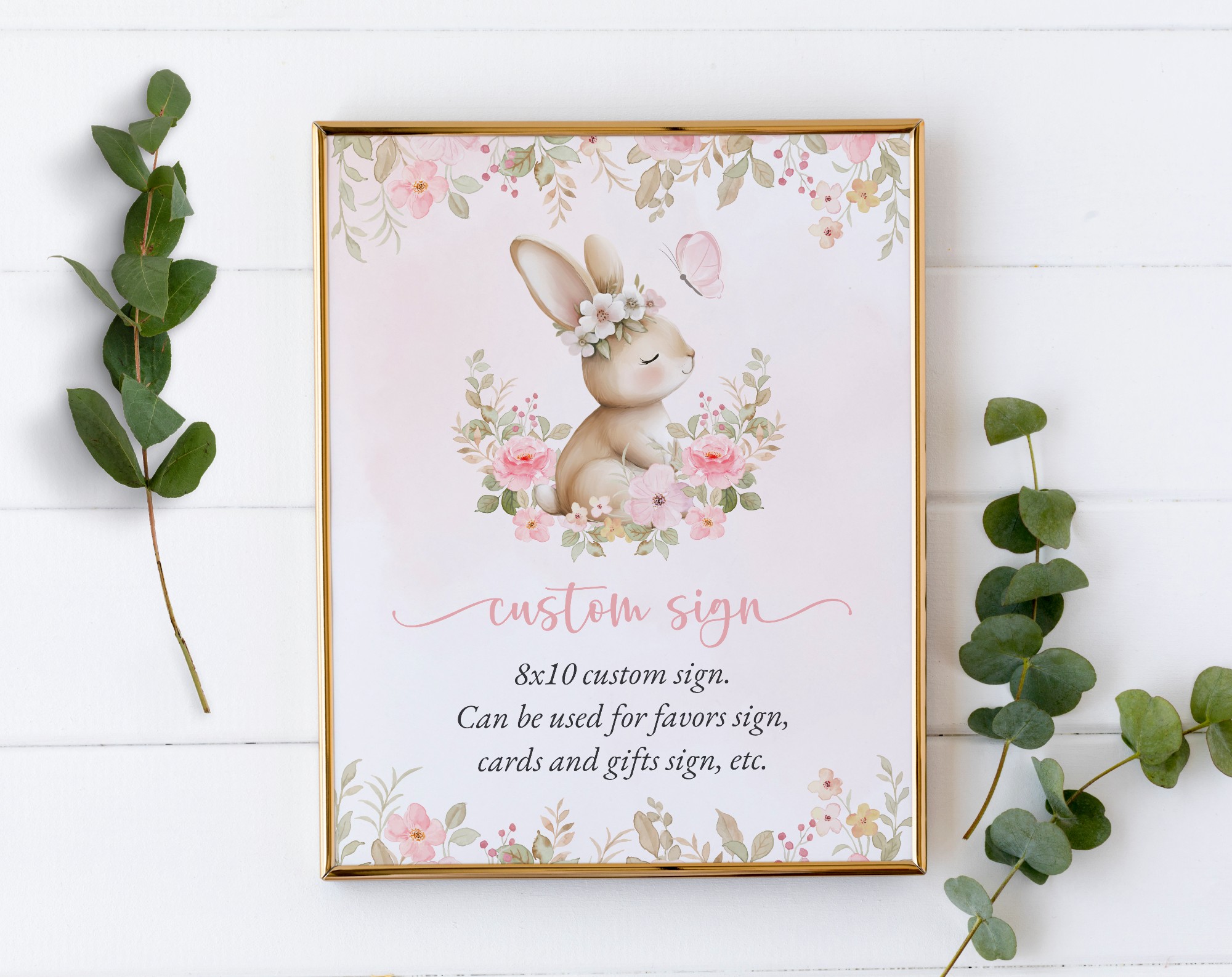 Baby Bunny and Pink Flowers Custom Sign, Printable File, Edit Yourself, SH184 SH186 Baby Bunny and Pink Flowers Custom Sign, Printable File, Edit Yourself, SH184 SH186