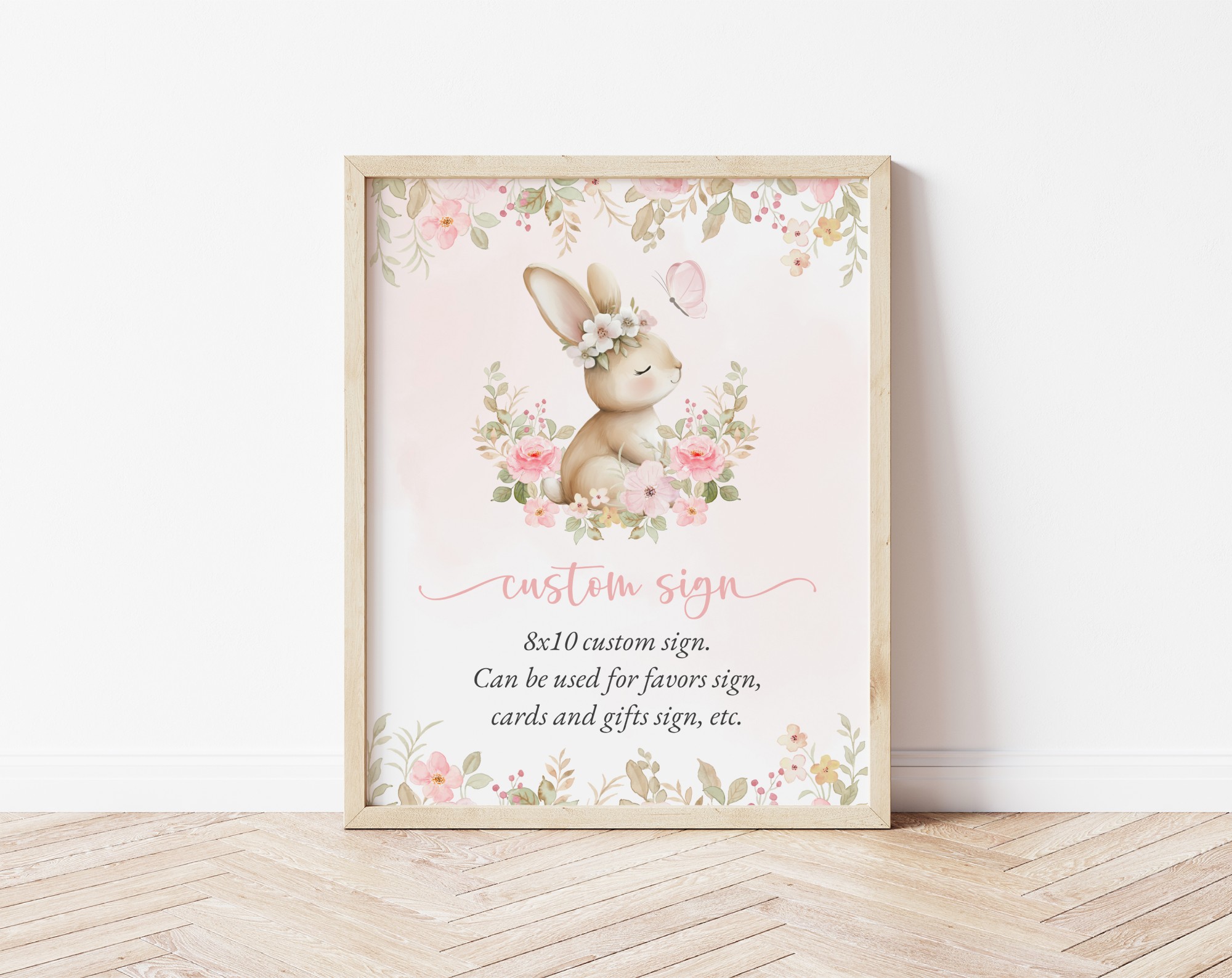 Baby Bunny and Pink Flowers Custom Sign, Printable File, Edit Yourself, SH184 SH186 Baby Bunny and Pink Flowers Custom Sign, Printable File, Edit Yourself, SH184 SH186