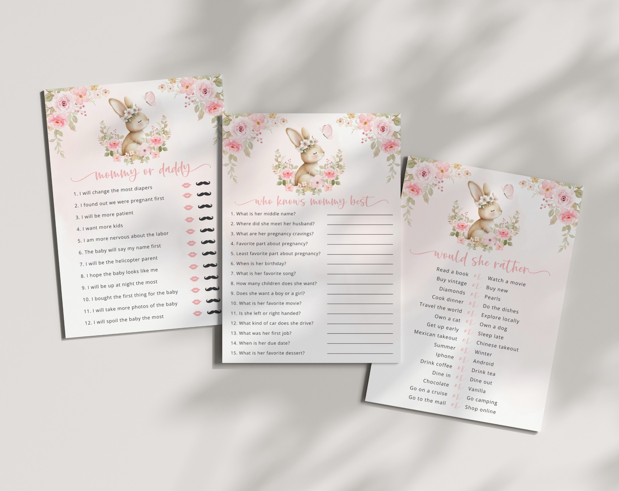 Baby Bunny and Pink Flowers Baby Shower Games, Set of 3 Games, Girl Baby Shower, Printable File, Edit Yourself, SH184 Baby Bunny and Pink Flowers Baby Shower Games, Set of 3 Games, Girl Baby Shower, Printable File, Edit Yourself, SH184