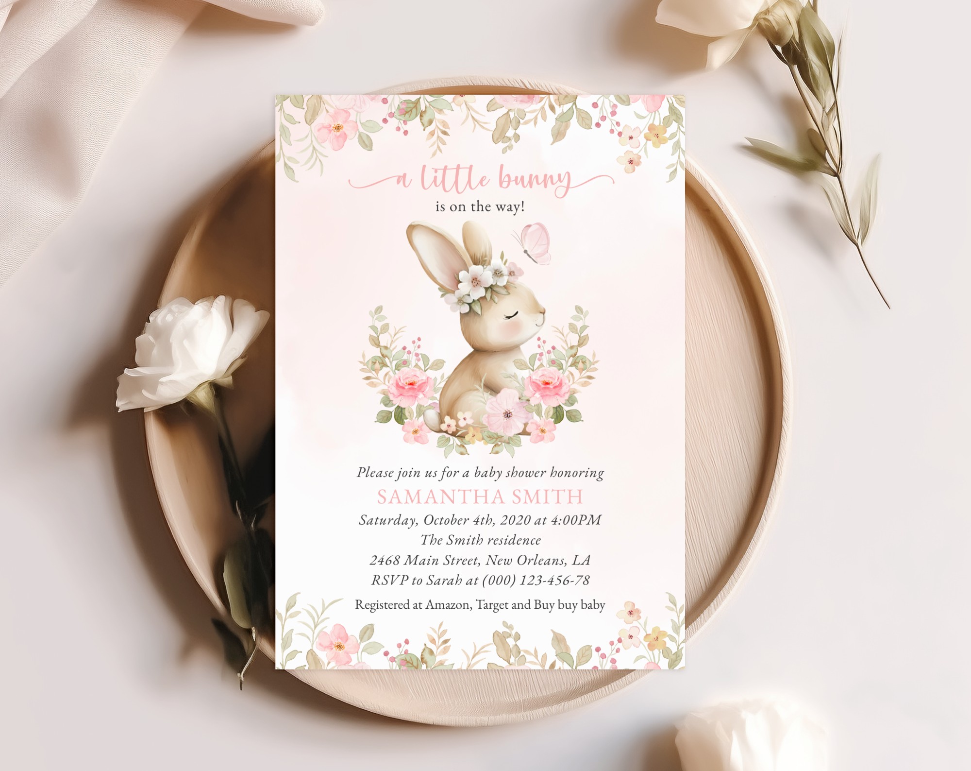 Baby Bunny and Pink Flowers Baby Shower Invitation, Girl Baby Shower, Printable File, Edit Yourself, SH184