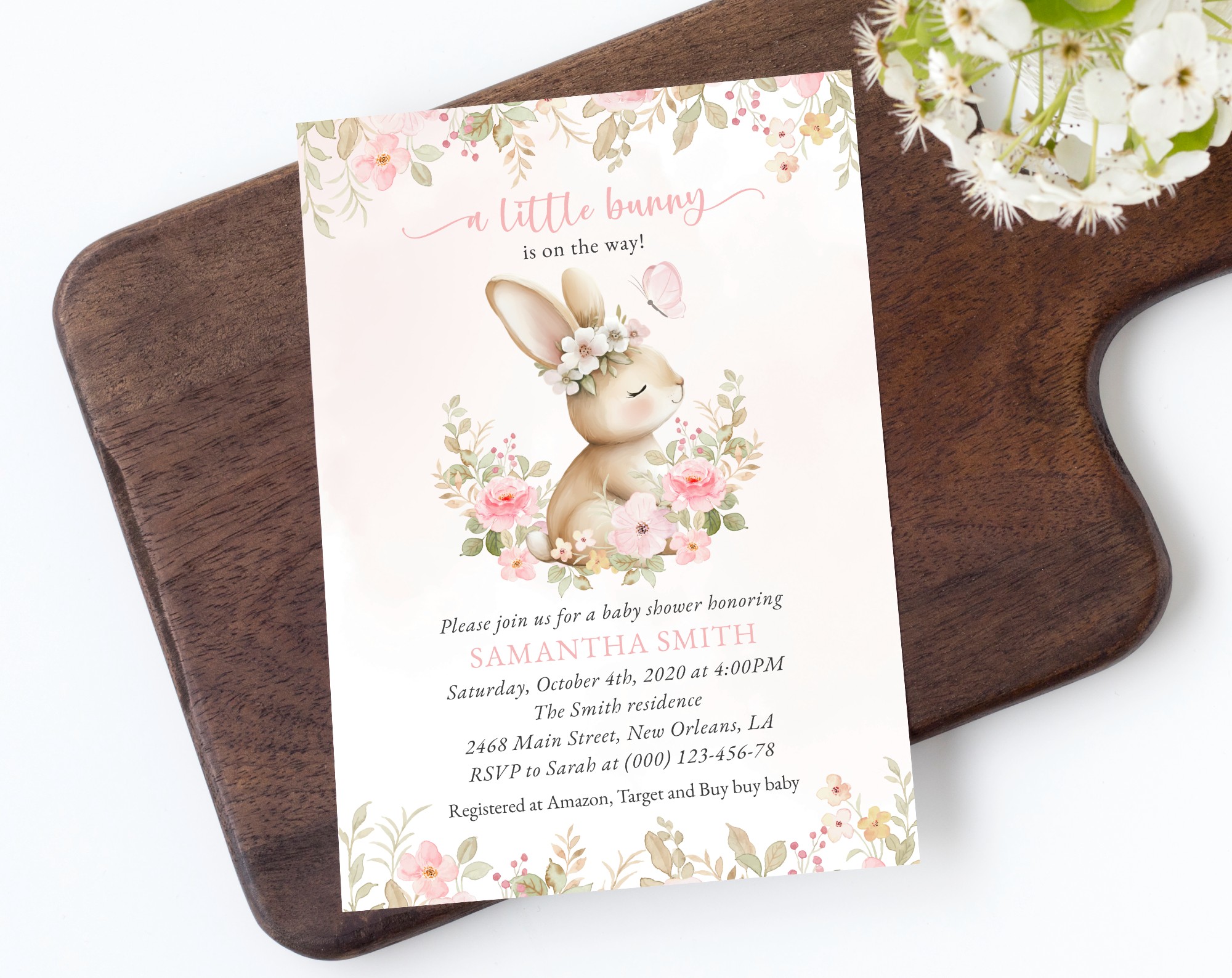 Baby Bunny and Pink Flowers Baby Shower Invitation, Girl Baby Shower, Printable File, Edit Yourself, SH184