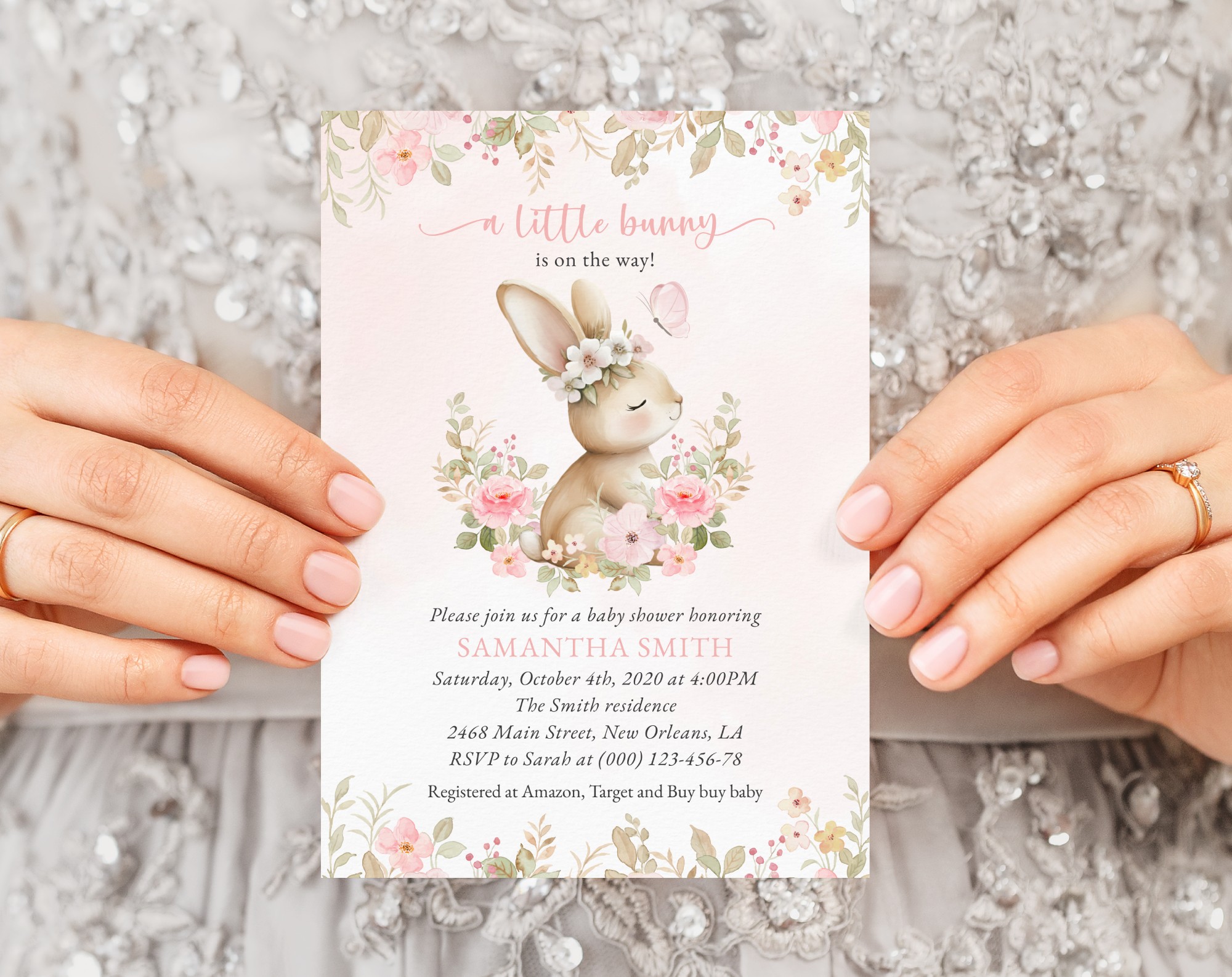 Baby Bunny and Pink Flowers Baby Shower Invitation, Girl Baby Shower, Printable File, Edit Yourself, SH184