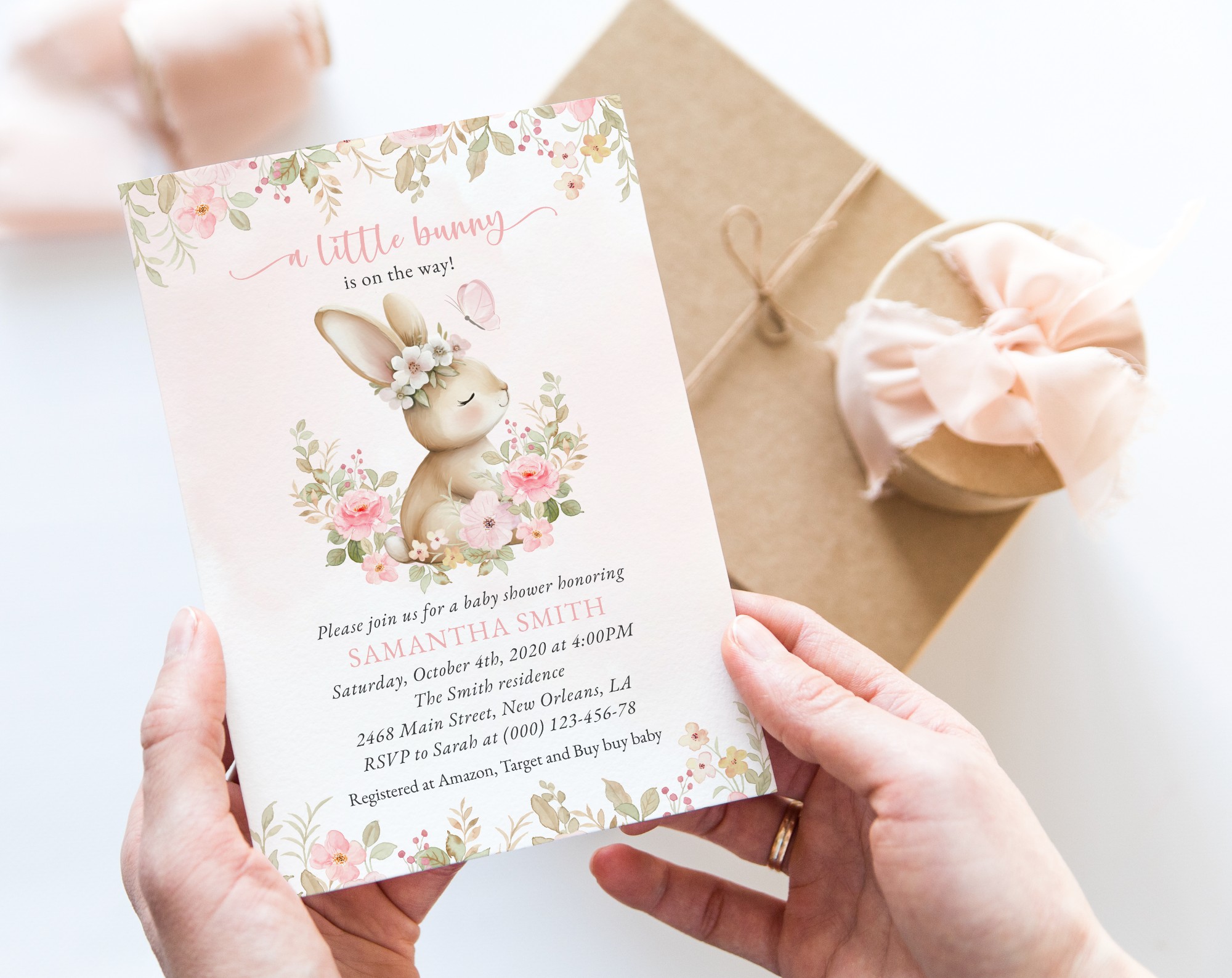 Baby Bunny and Pink Flowers Baby Shower Invitation, Girl Baby Shower, Printable File, Edit Yourself, SH184