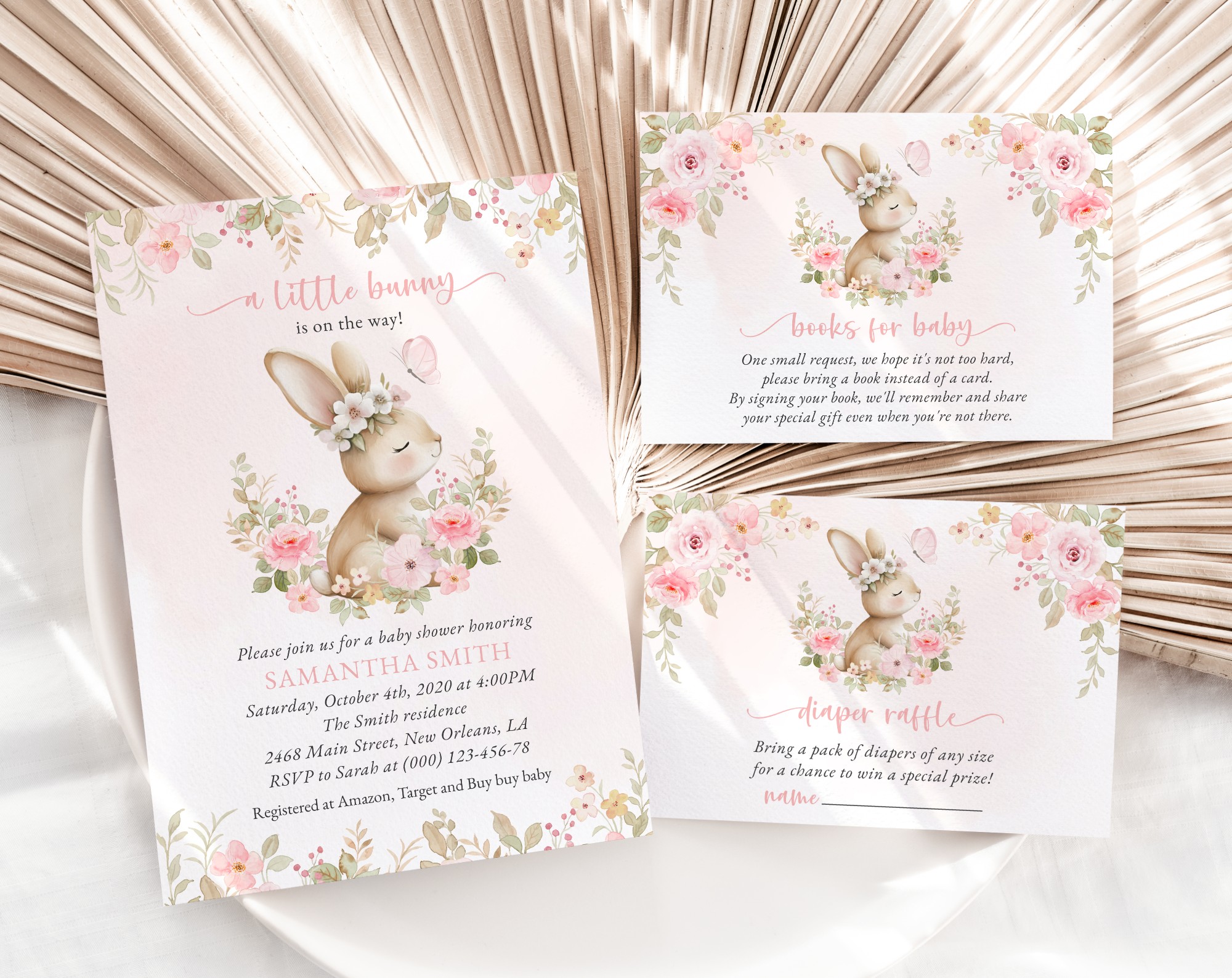 Baby Bunny and Pink Flowers Baby Shower Invitation Suite, Girl Baby Shower, Printable File, Edit Yourself, SH184