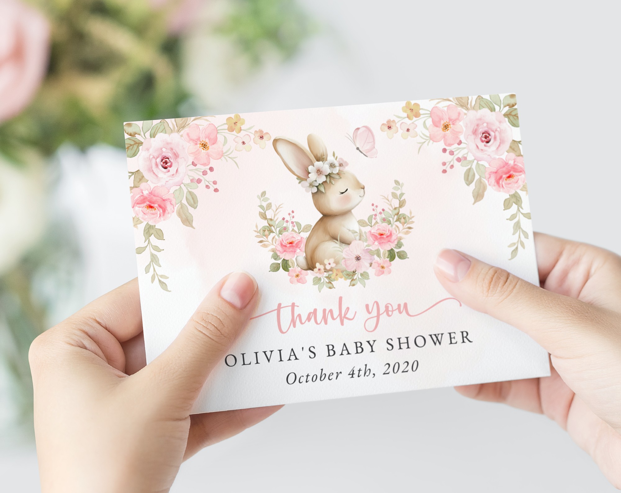 Baby Bunny and Pink Flowers Thank You Card, Girl Baby Shower, Printable File, Edit Yourself, SH184