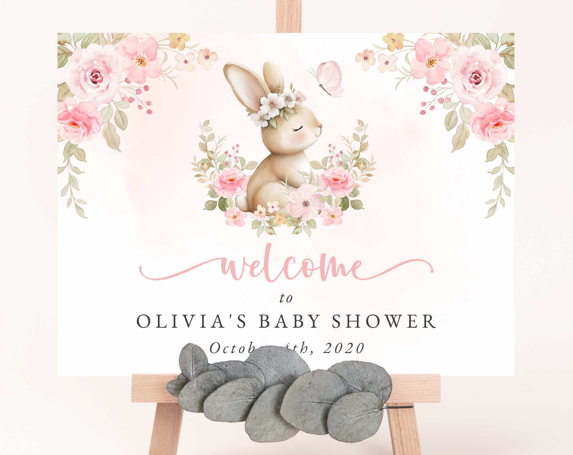 Baby Bunny and Pink Flowers Welcome Sign, Baby Shower Sign, Girl Baby Shower, Printable File, Edit Yourself, SH184
