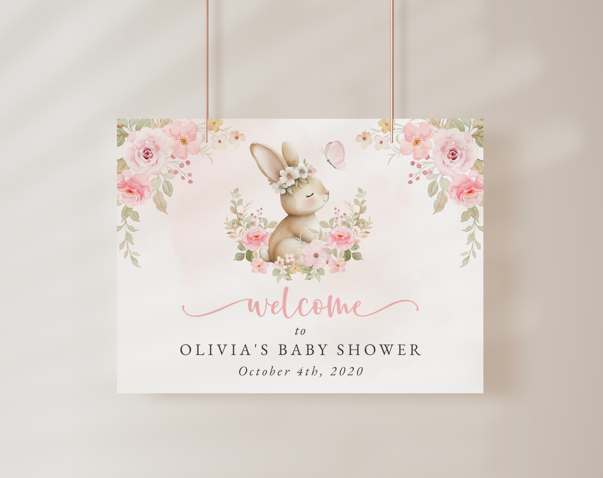 Baby Bunny and Pink Flowers Welcome Sign, Baby Shower Sign, Girl Baby Shower, Printable File, Edit Yourself, SH184