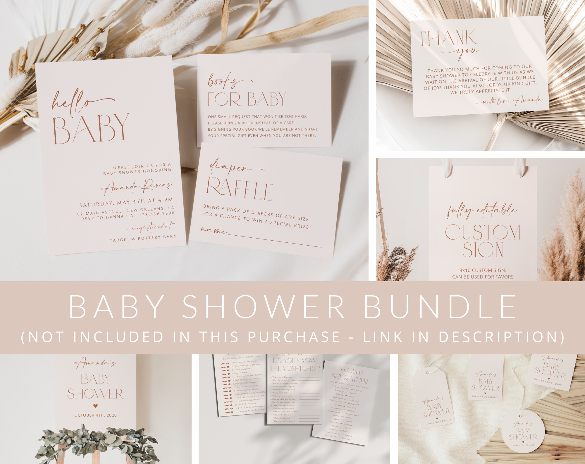 Minimal Boho Baby Shower Mini Bundle, Girl Baby Shower, Printable File, Edit Yourself, SH185 Minimal Boho Baby Shower Mini Bundle, Girl Baby Shower, Printable File, Edit Yourself, SH185