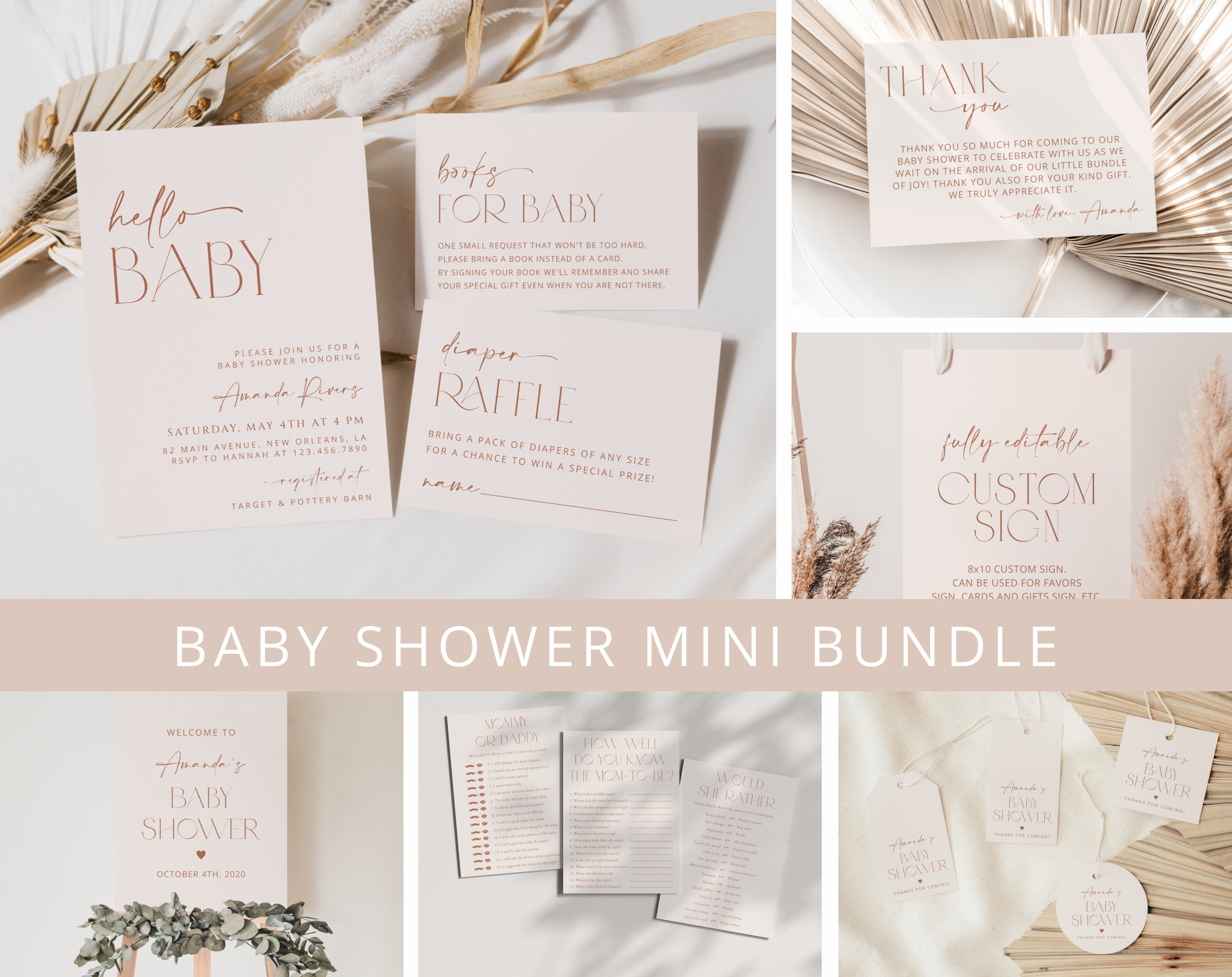 Minimal Boho Baby Shower Mini Bundle, Girl Baby Shower, Printable File, Edit Yourself, SH185