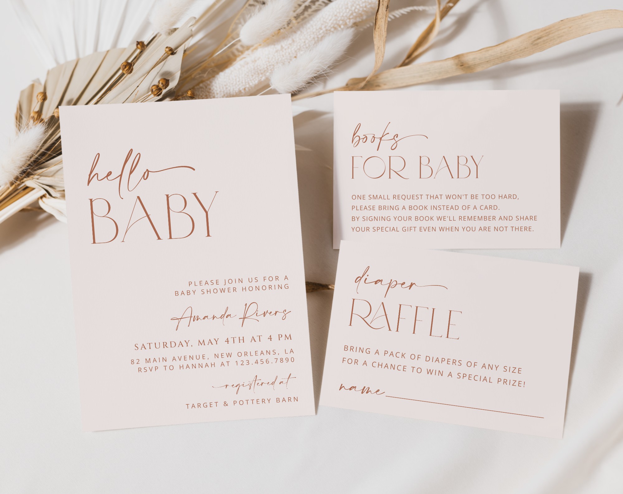 Minimal Boho Baby Shower Invitation Suite, Girl Baby Shower, Printable File, Edit Yourself, SH185