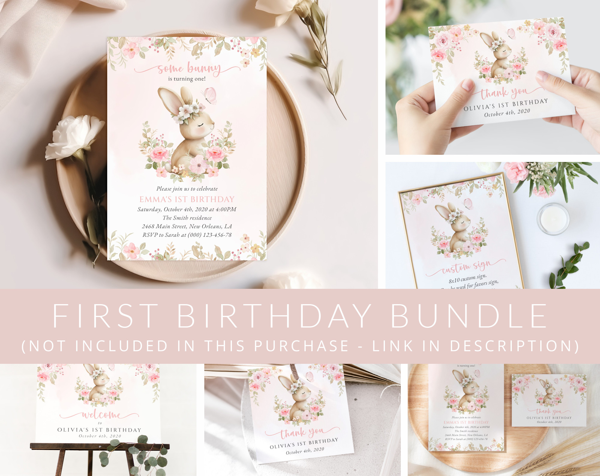 Baby Bunny and Pink Flowers First Birthday Mini Bundle, Girl Birthday, Printable File, Edit Yourself, SH186 Baby Bunny and Pink Flowers First Birthday Mini Bundle, Girl Birthday, Printable File, Edit Yourself, SH186
