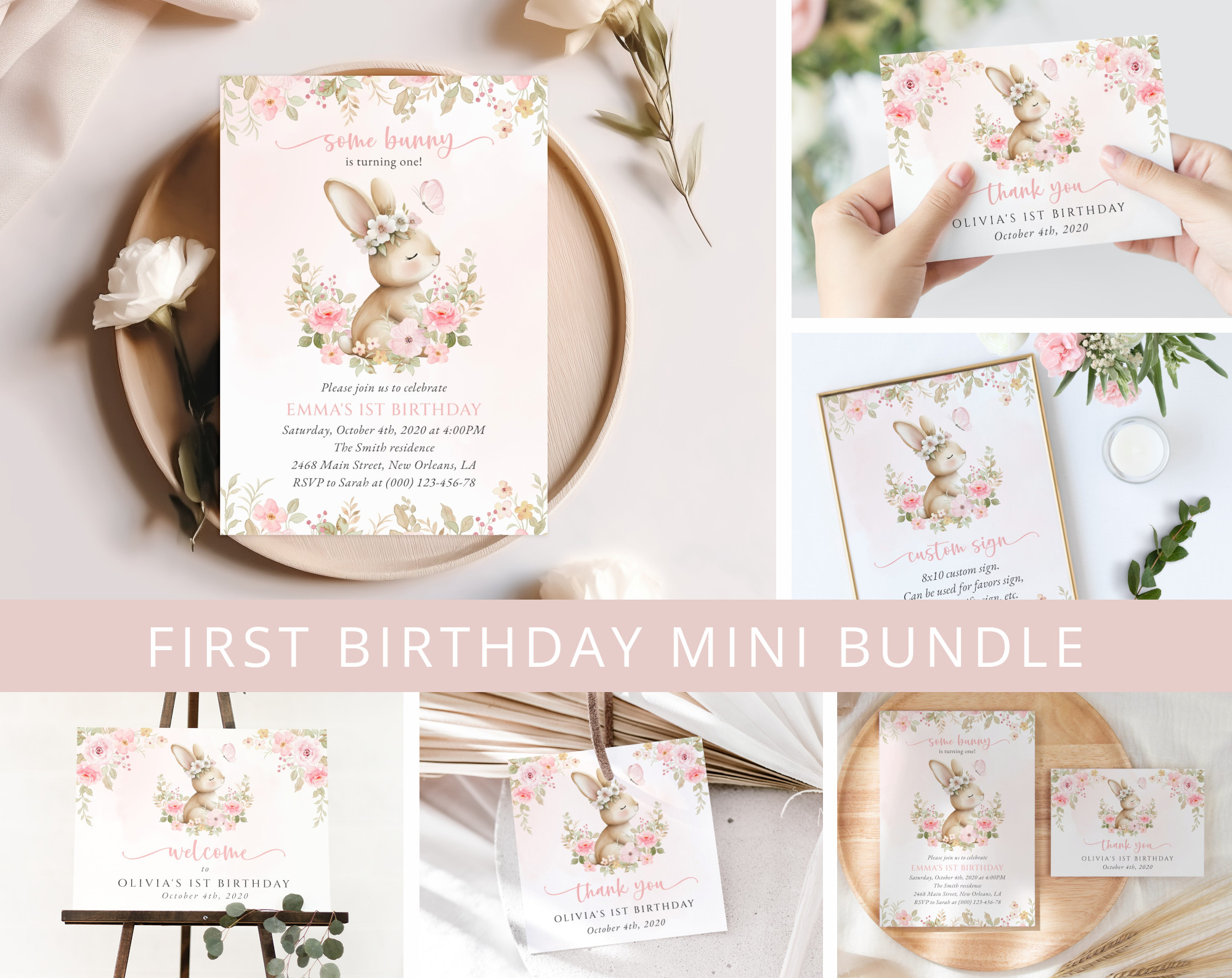 Baby Bunny and Pink Flowers First Birthday Mini Bundle, Girl Birthday, Printable File, Edit Yourself, SH186