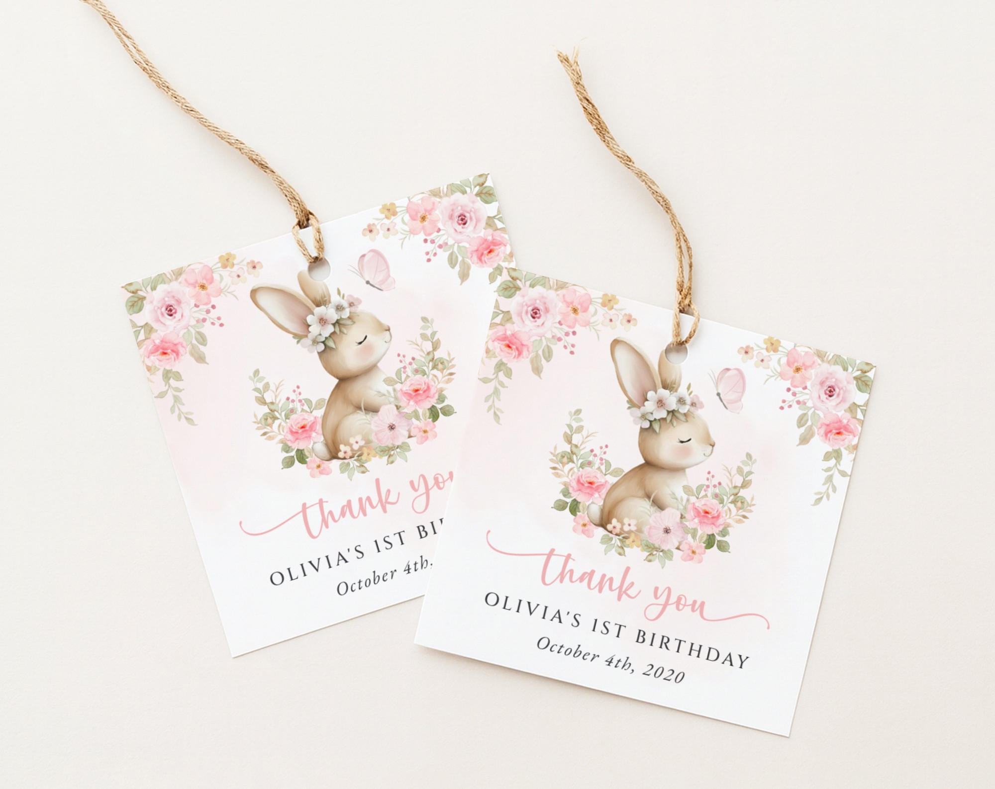 Baby Bunny and Pink Flowers Favor Tags, First Birthday, Girl Birthday, Printable File, Edit Yourself, SH186