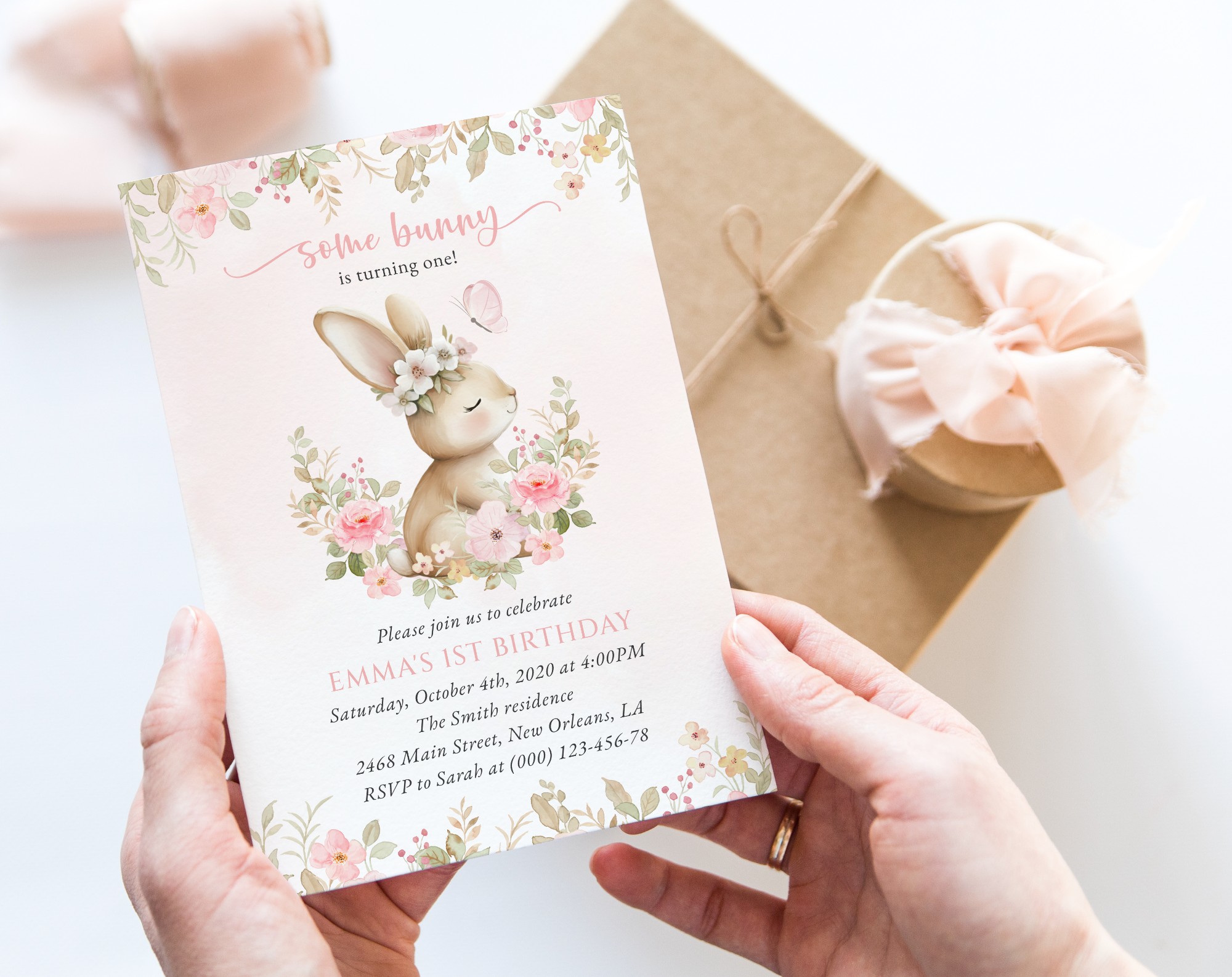 Baby Bunny and Pink Flowers First Birthday Invitation, Birthday Stationery, Girl Birthday, Printable File, Edit Yourself, SH186