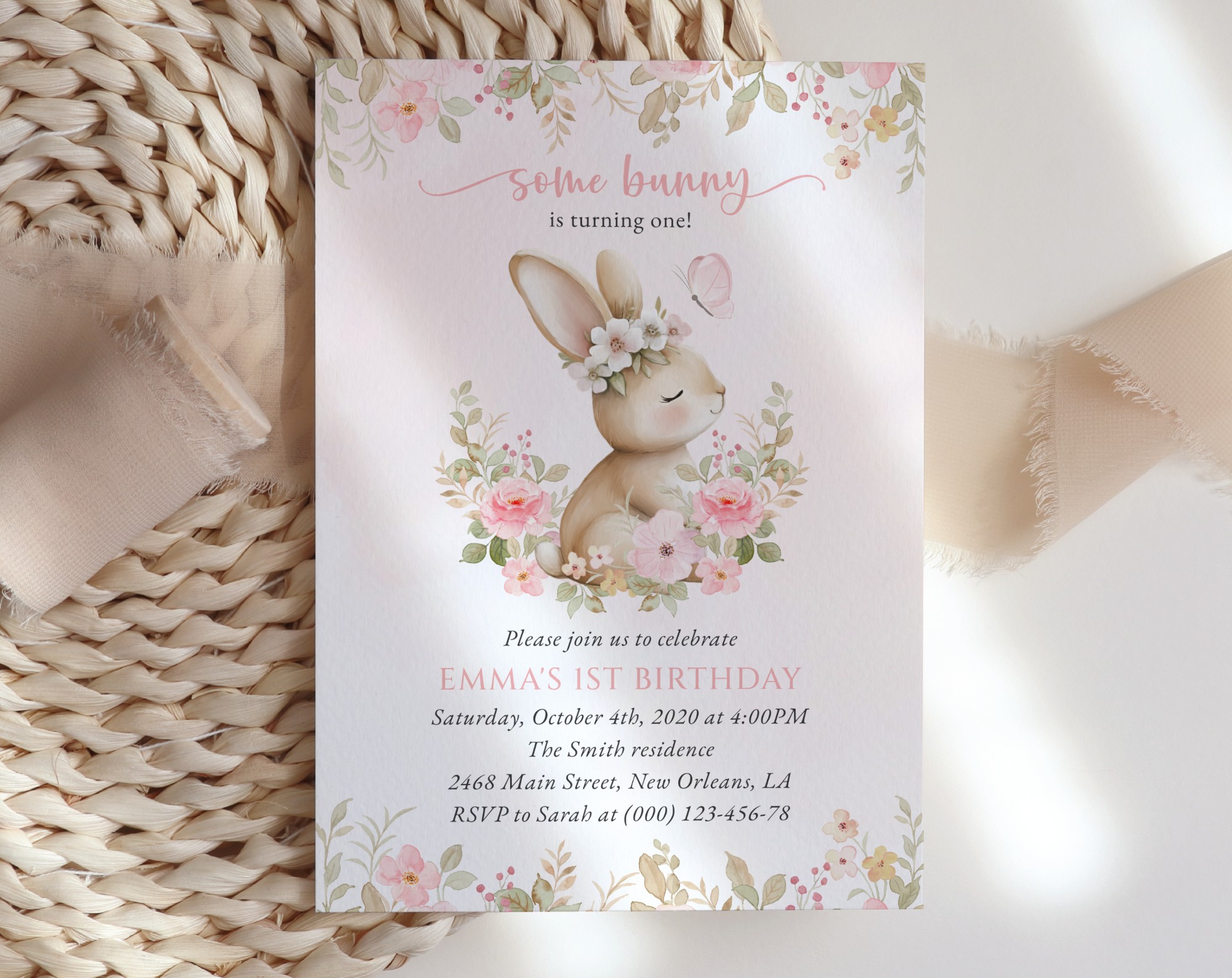 Baby Bunny and Pink Flowers First Birthday Invitation, Birthday Stationery, Girl Birthday, Printable File, Edit Yourself, SH186