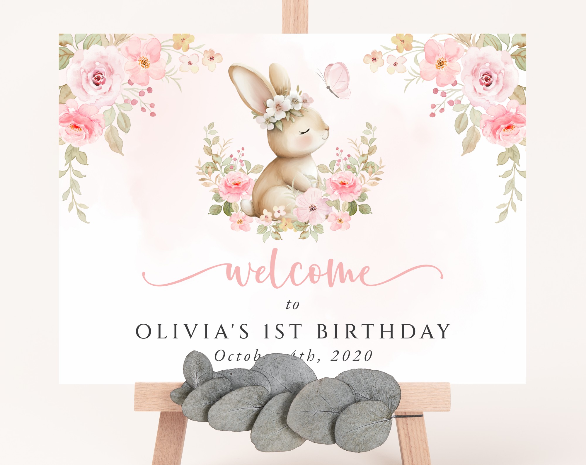 Baby Bunny and Pink Flowers Welcome Sign, First Birthday, Girl Birthday, Printable File, Edit Yourself, SH186