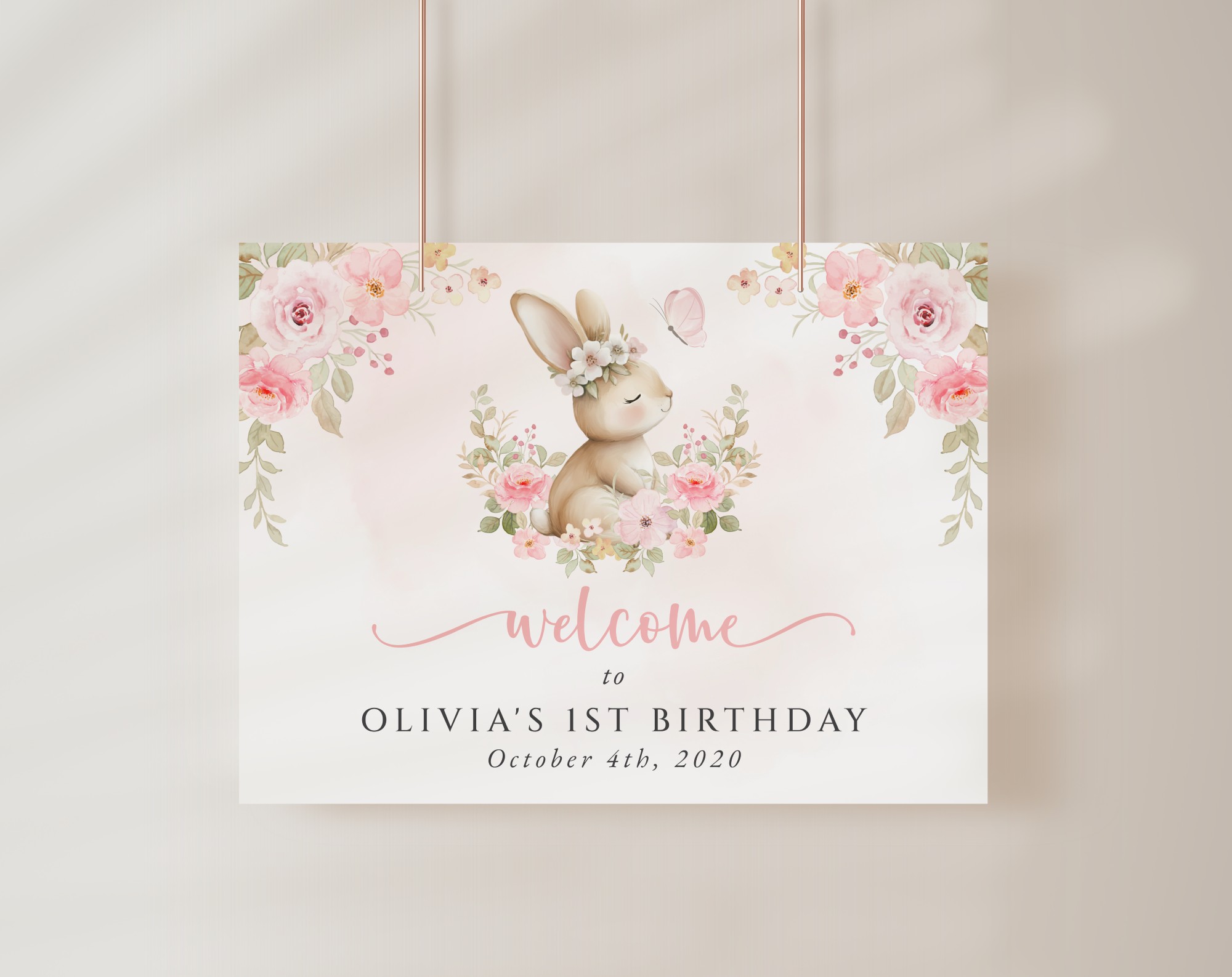 Baby Bunny and Pink Flowers Welcome Sign, First Birthday, Girl Birthday, Printable File, Edit Yourself, SH186 Baby Bunny and Pink Flowers Welcome Sign, First Birthday, Girl Birthday, Printable File, Edit Yourself, SH186