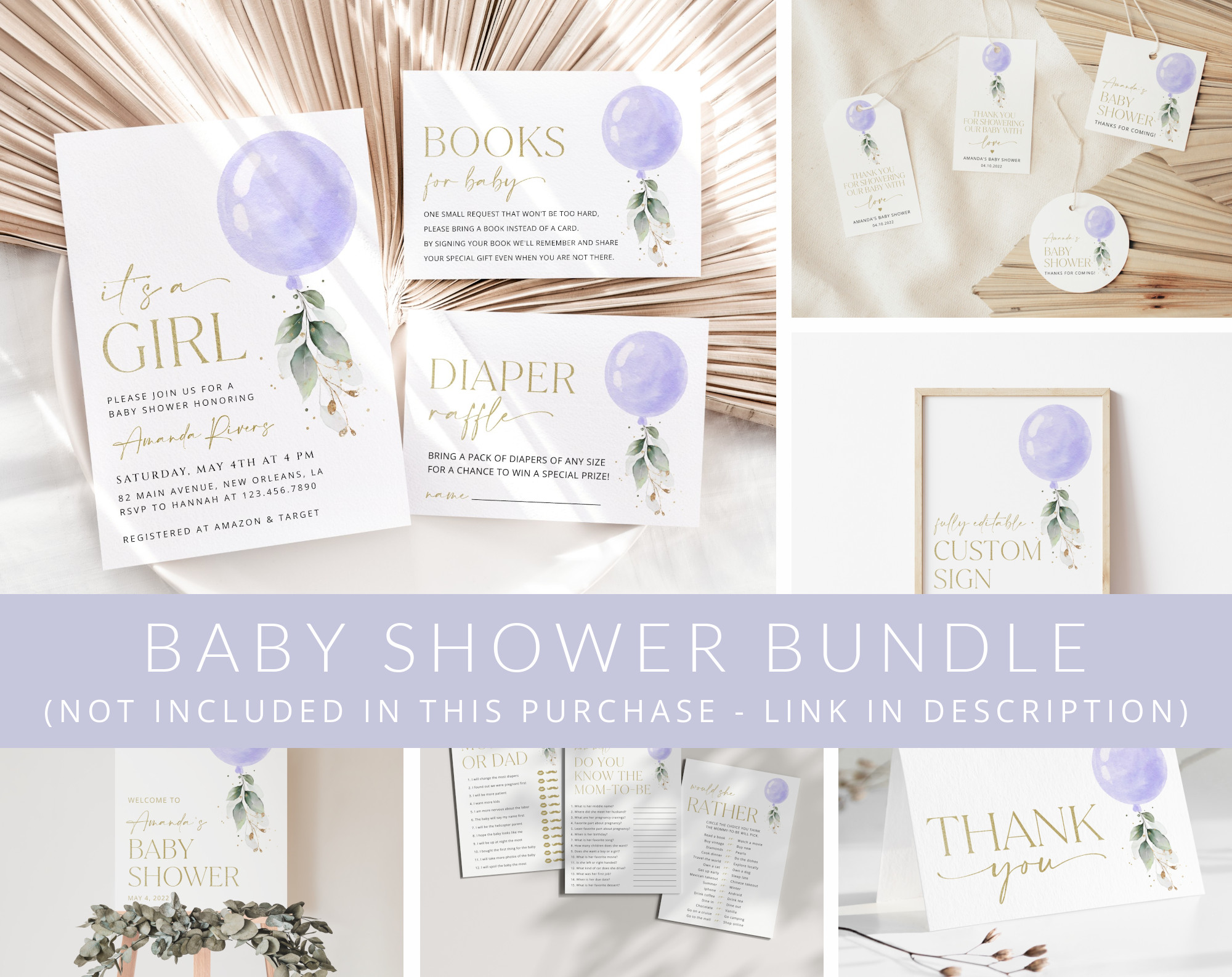 Purple Balloon Baby Shower Mini Bundle, Girl Baby Shower, Printable File, Edit Yourself, SH187