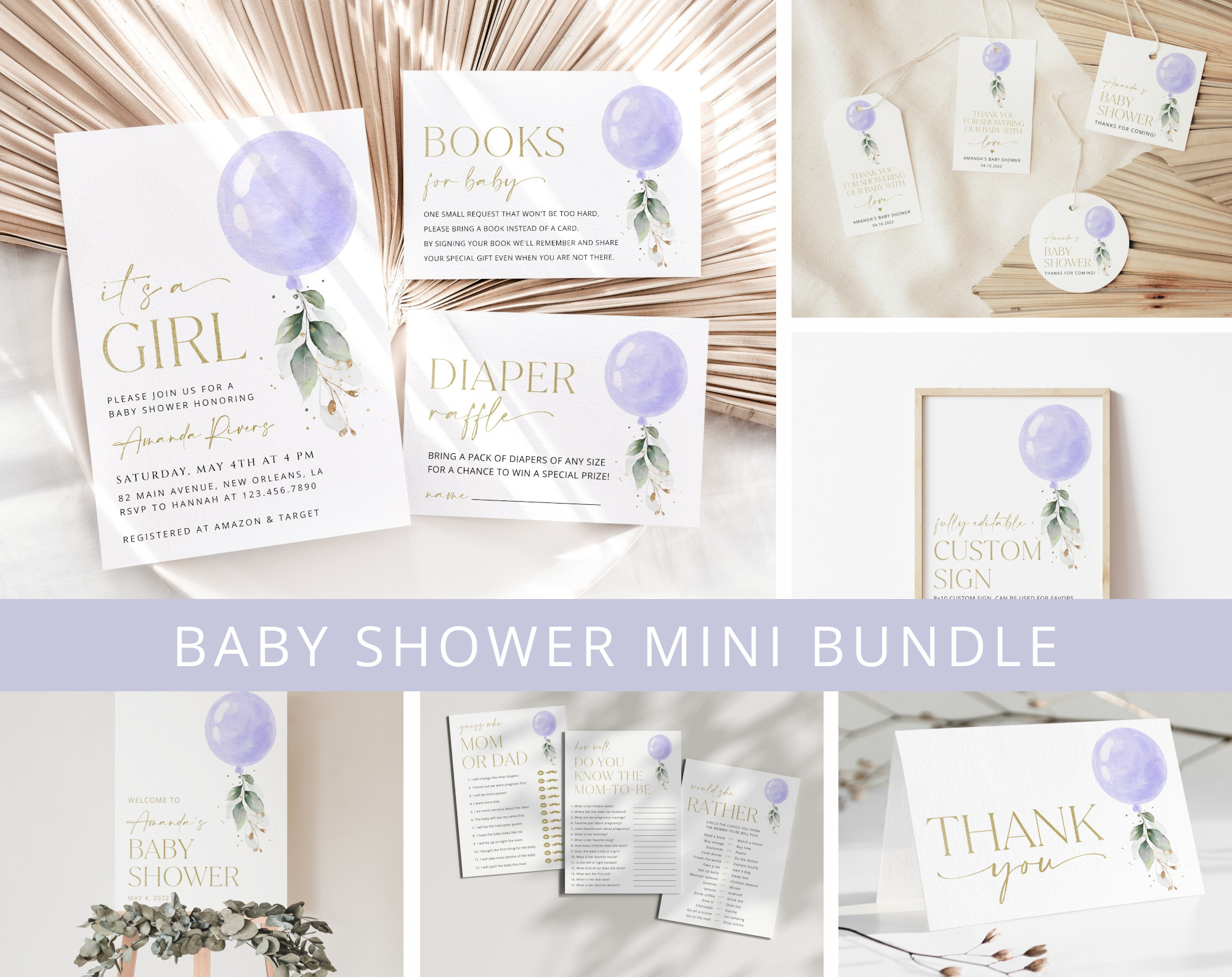 Purple Balloon Baby Shower Mini Bundle, Girl Baby Shower, Printable File, Edit Yourself, SH187