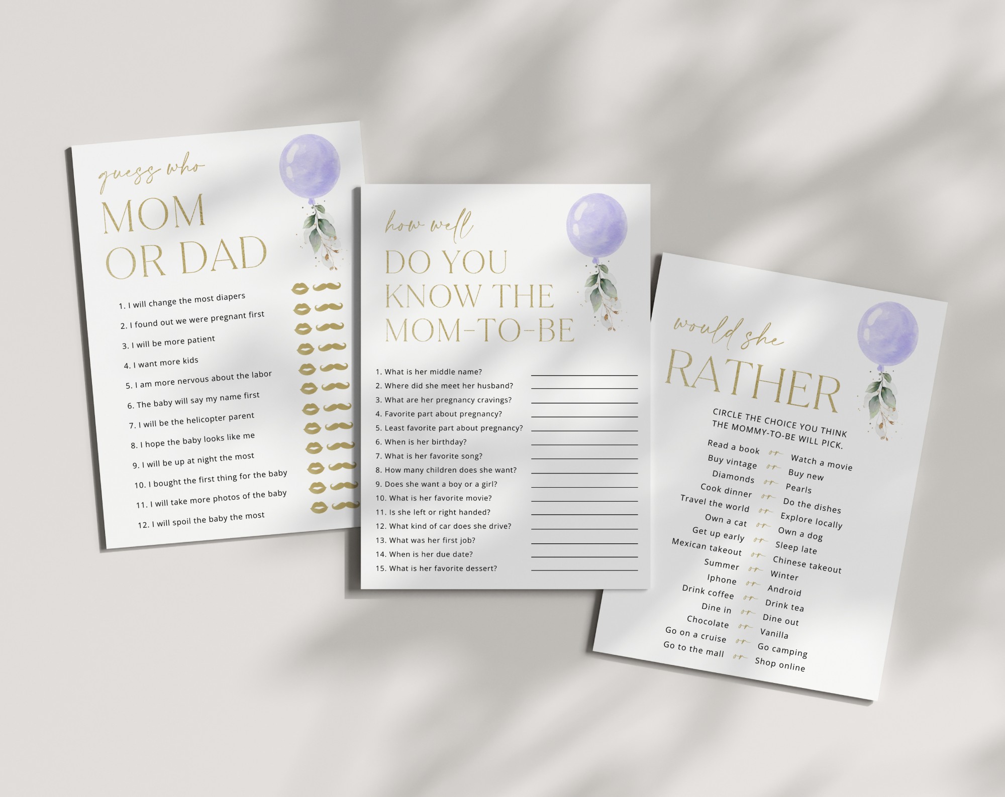 Purple Balloon Baby Shower Games, Set of 3 Games, Girl Baby Shower, Printable File, Edit Yourself, SH187