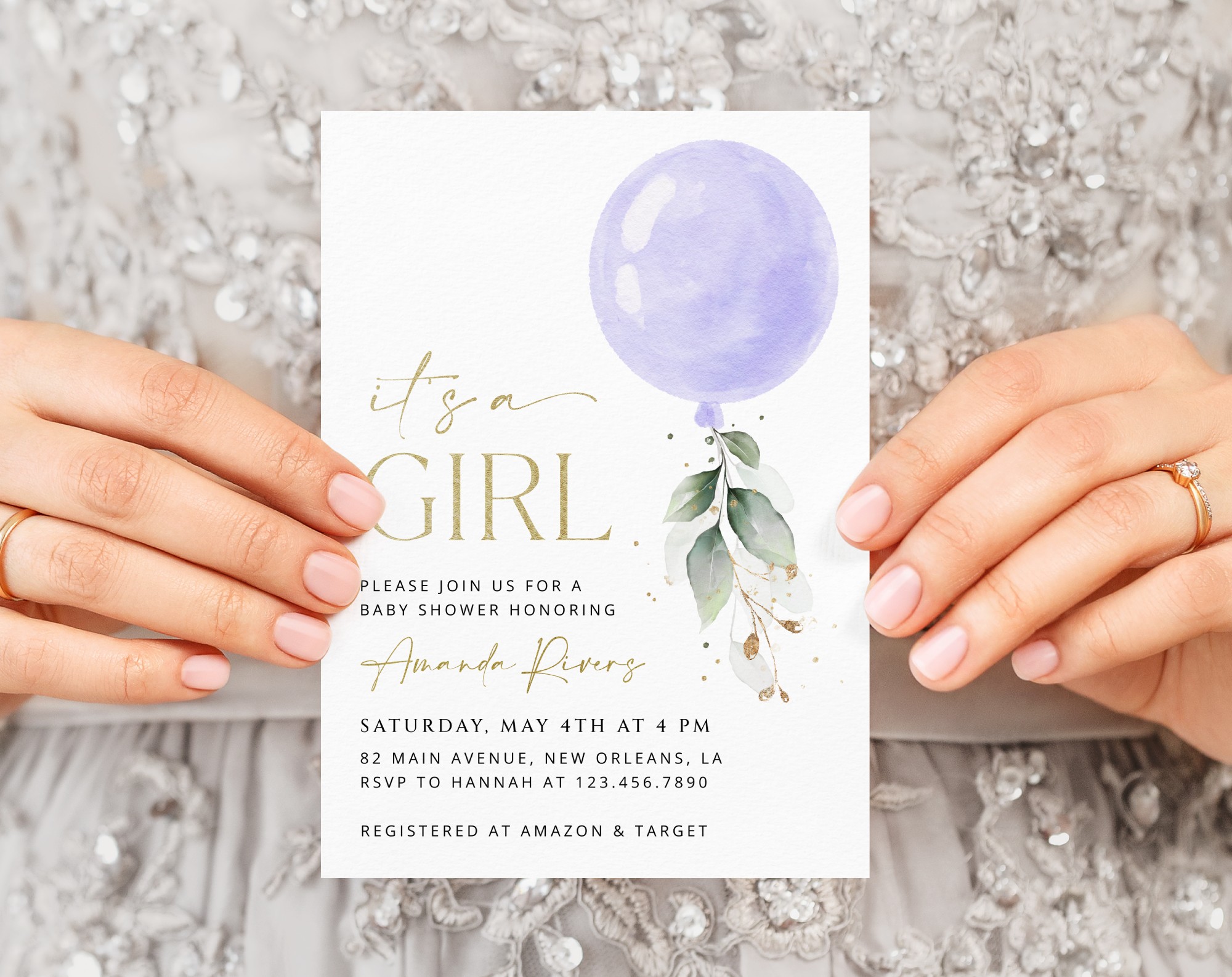Purple Balloon Baby Shower Invitation, Girl Baby Shower, Printable File, Edit Yourself, SH187
