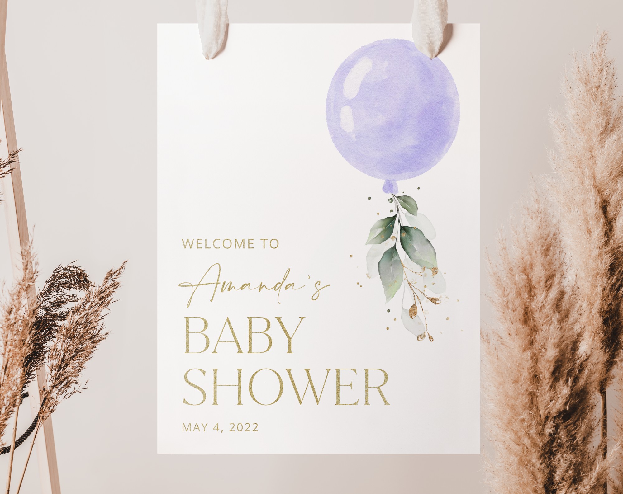 Purple Balloon Welcome Sign, Baby Shower Sign, Girl Baby Shower, Printable File, Edit Yourself, SH187