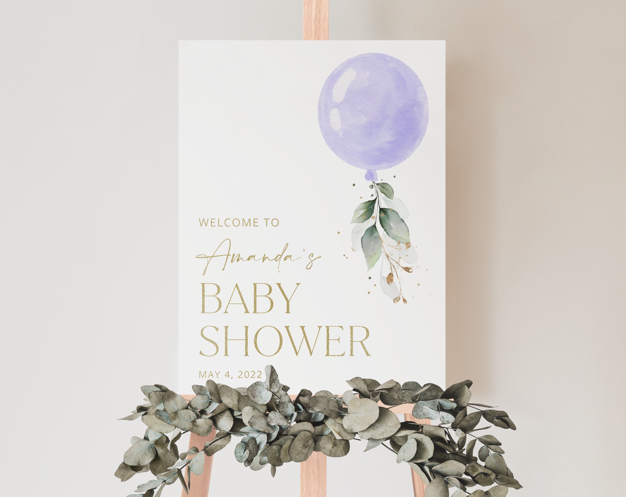 Purple Balloon Welcome Sign, Baby Shower Sign, Girl Baby Shower, Printable File, Edit Yourself, SH187