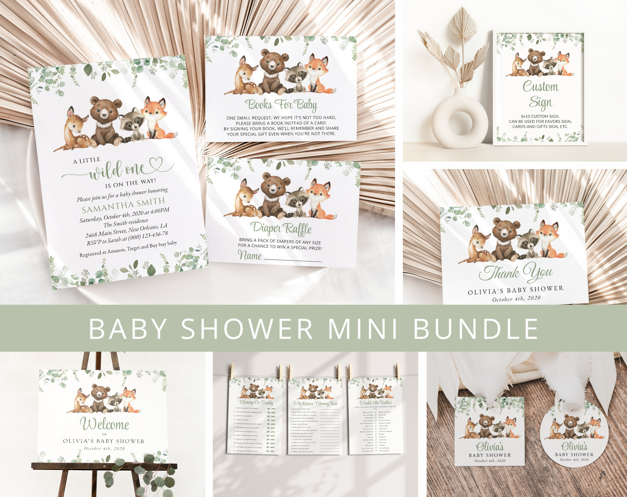 Forest Animals Baby Shower Mini Bundle, Gender Neutral Baby Shower, Printable File, Edit Yourself, SH188