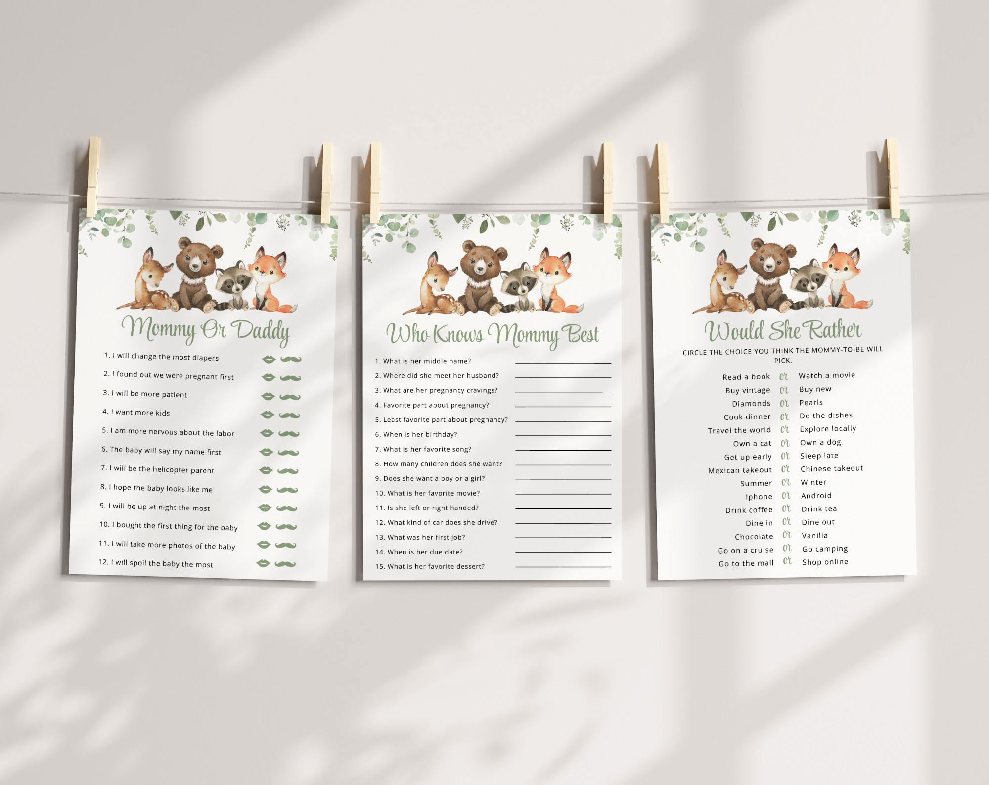 Forest Animals Baby Shower Games, Set of 3 Games, Gender Neutral Baby Shower, Printable File, Edit Yourself, SH188
