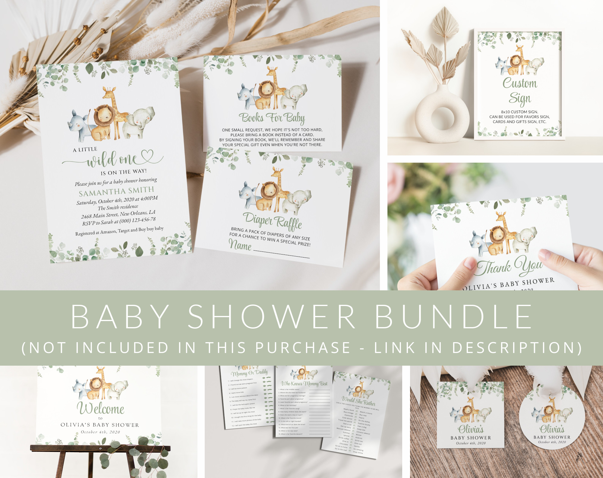 Safari Animals Baby Shower Mini Bundle, Gender Neutral Baby Shower, Printable File, Edit Yourself, SH189 Safari Animals Baby Shower Mini Bundle, Gender Neutral Baby Shower, Printable File, Edit Yourself, SH189