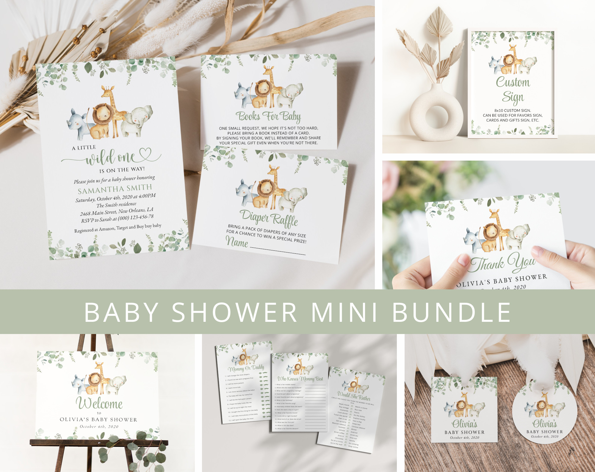 Safari Animals Baby Shower Mini Bundle, Gender Neutral Baby Shower, Printable File, Edit Yourself, SH189