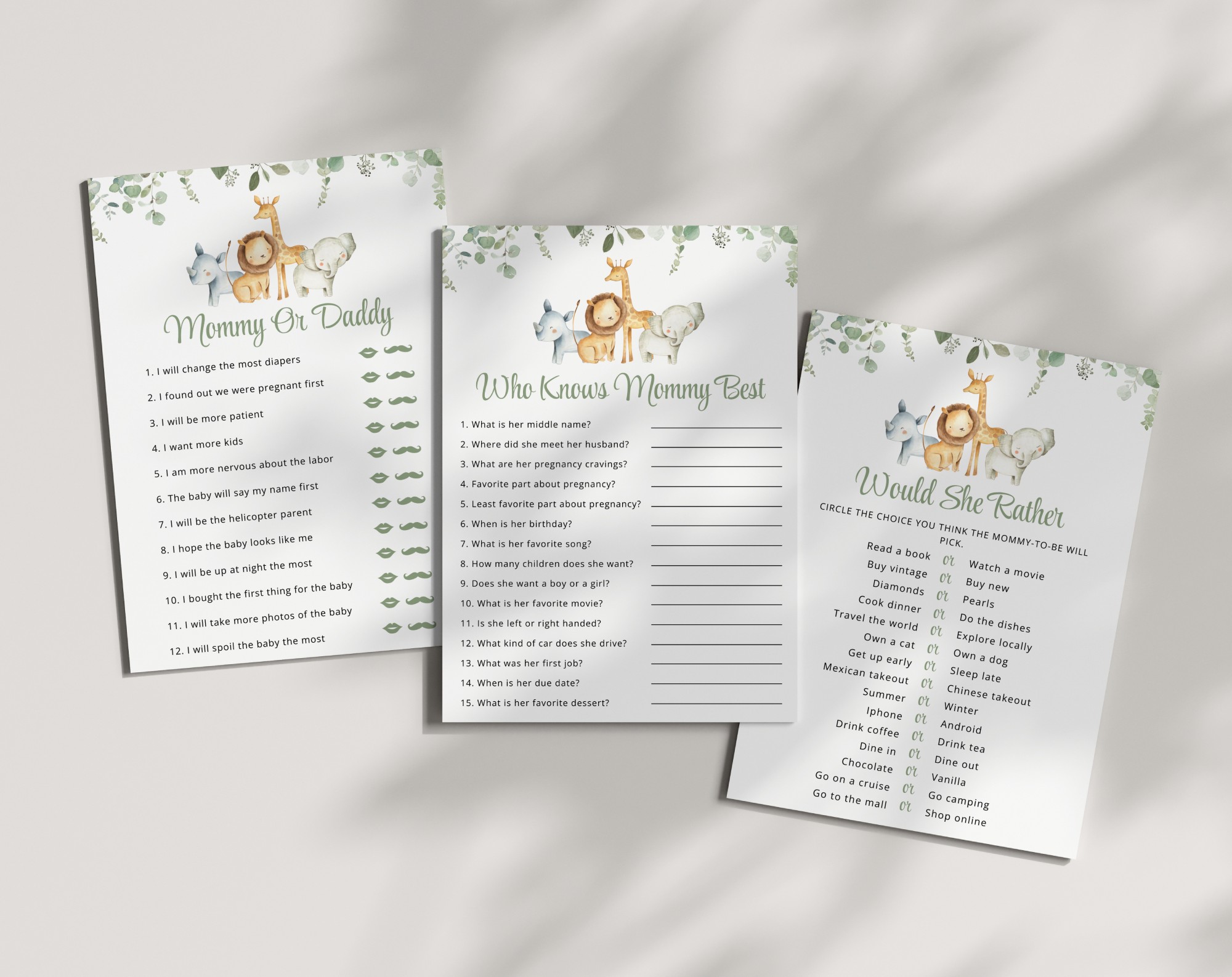 Safari Animals Baby Shower Games, Set of 3 Games, Gender Neutral Baby Shower, Printable File, Edit Yourself, SH189