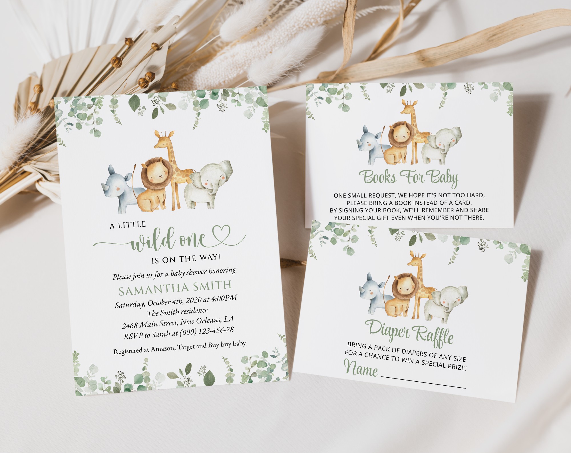 Safari Animals Baby Shower Invitation Suite, Gender Neutral Baby Shower, Printable File, Edit Yourself, SH189