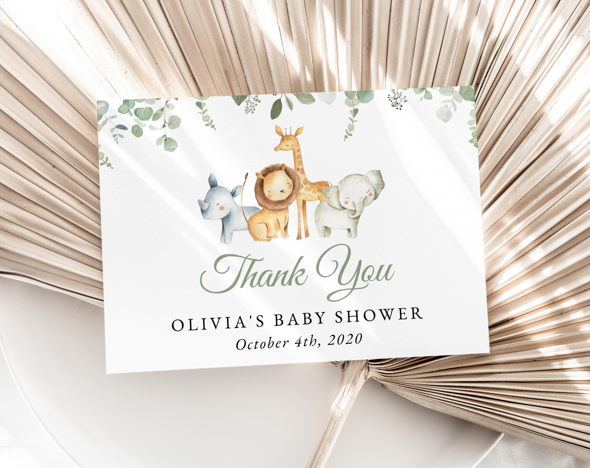 Safari Animals Thank You Card, Gender Neutral Baby Shower, Printable File, Edit Yourself, SH189