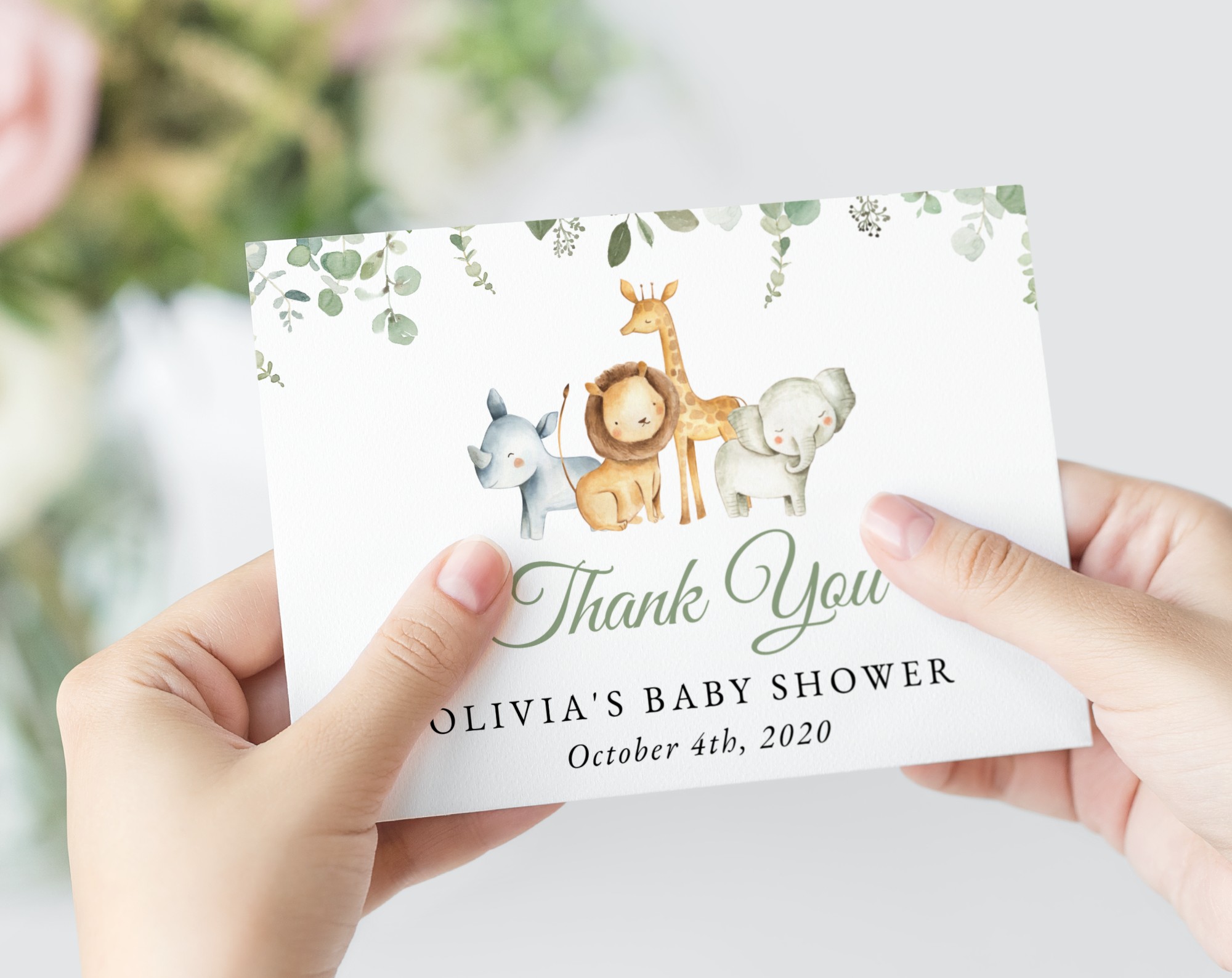 Safari Animals Thank You Card, Gender Neutral Baby Shower, Printable File, Edit Yourself, SH189