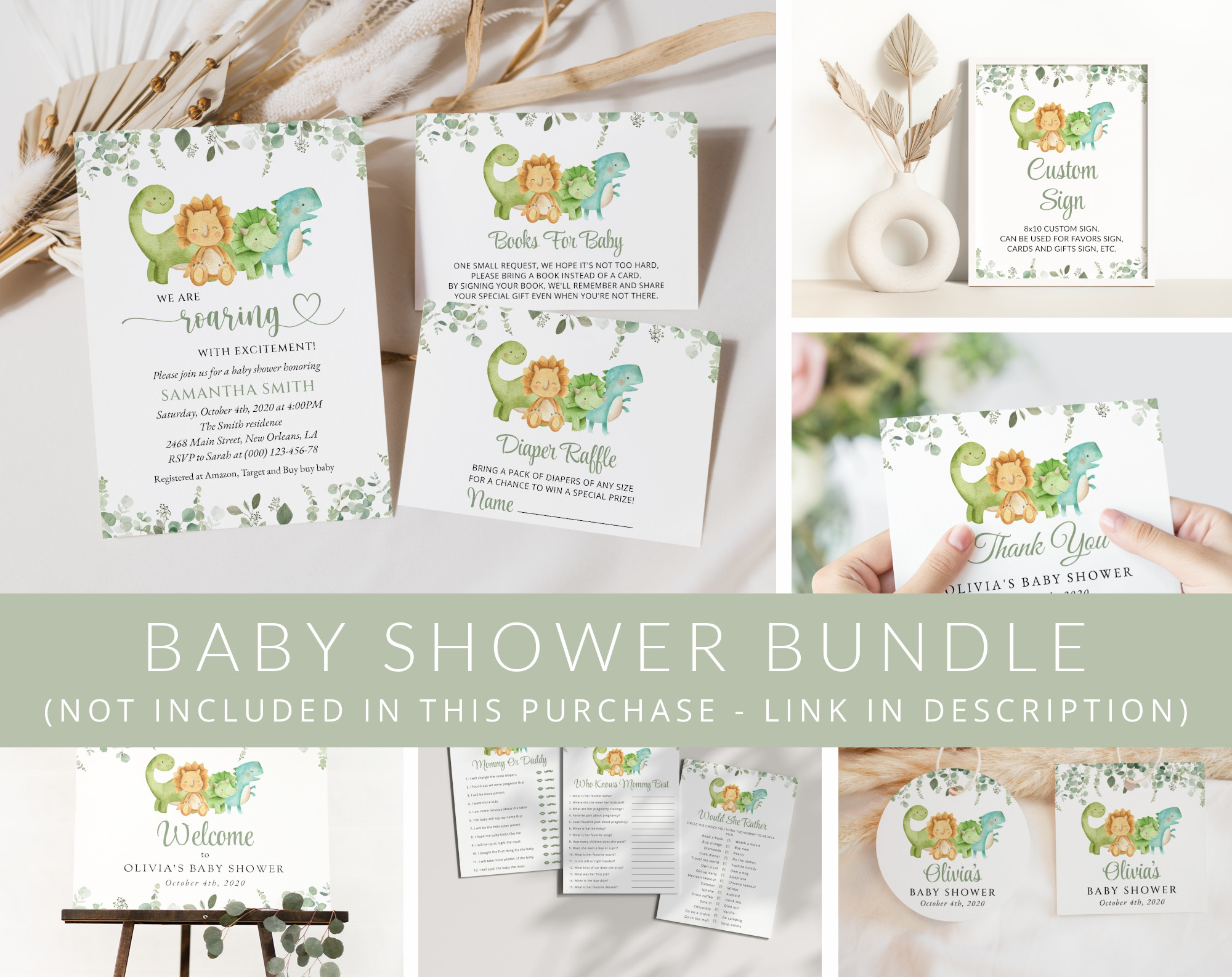 Cute Dinosaurs Baby Shower Mini Bundle, Gender Neutral Baby Shower, Printable File, Edit Yourself, SH190 Cute Dinosaurs Baby Shower Mini Bundle, Gender Neutral Baby Shower, Printable File, Edit Yourself, SH190