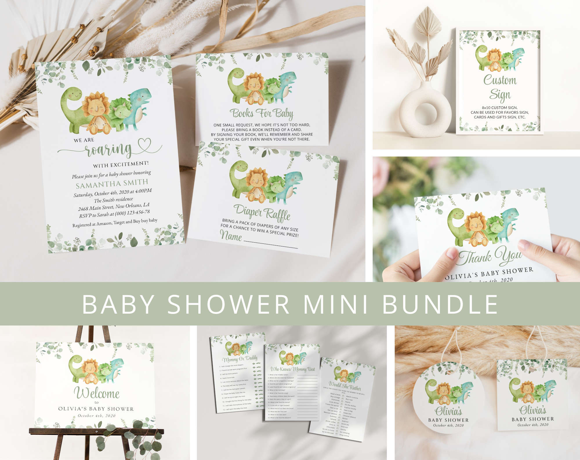 Cute Dinosaurs Baby Shower Mini Bundle, Gender Neutral Baby Shower, Printable File, Edit Yourself, SH190