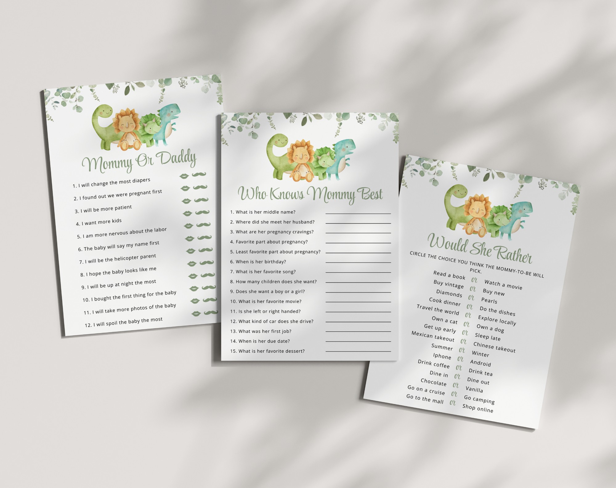 Cute Dinosaurs Baby Shower Games, Set of 3 Games, Gender Neutral Baby Shower, Printable File, Edit Yourself, SH190