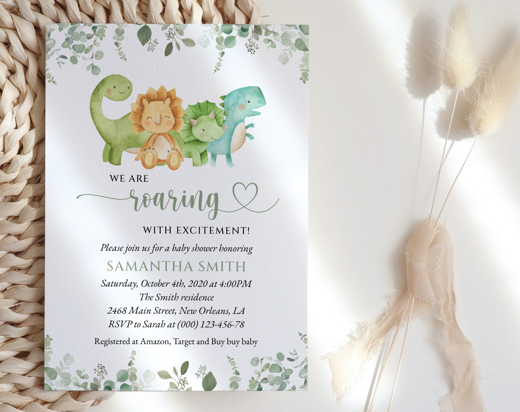 Cute Dinosaurs Baby Shower Invitation, Gender Neutral Baby Shower, Printable File, Edit Yourself, SH190