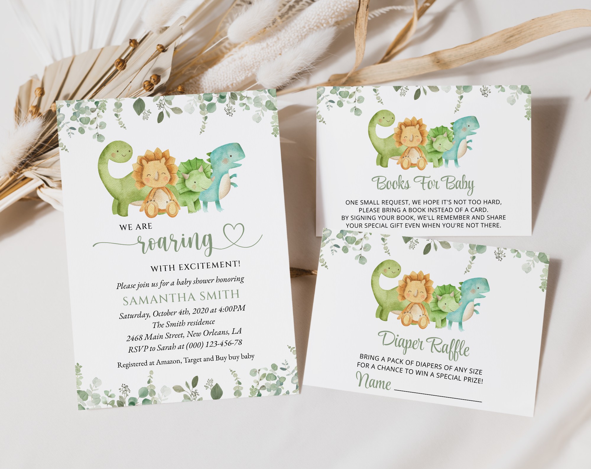 Cute Dinosaurs Baby Shower Invitation Suite, Gender Neutral Baby Shower, Printable File, Edit Yourself, SH190