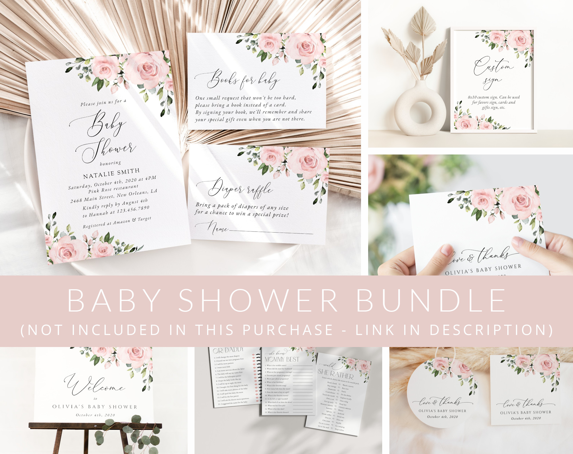 Blush Flowers Baby Shower Mini Bundle, Girl Baby Shower, Printable File, Edit Yourself, SH191 Blush Flowers Baby Shower Mini Bundle, Girl Baby Shower, Printable File, Edit Yourself, SH191