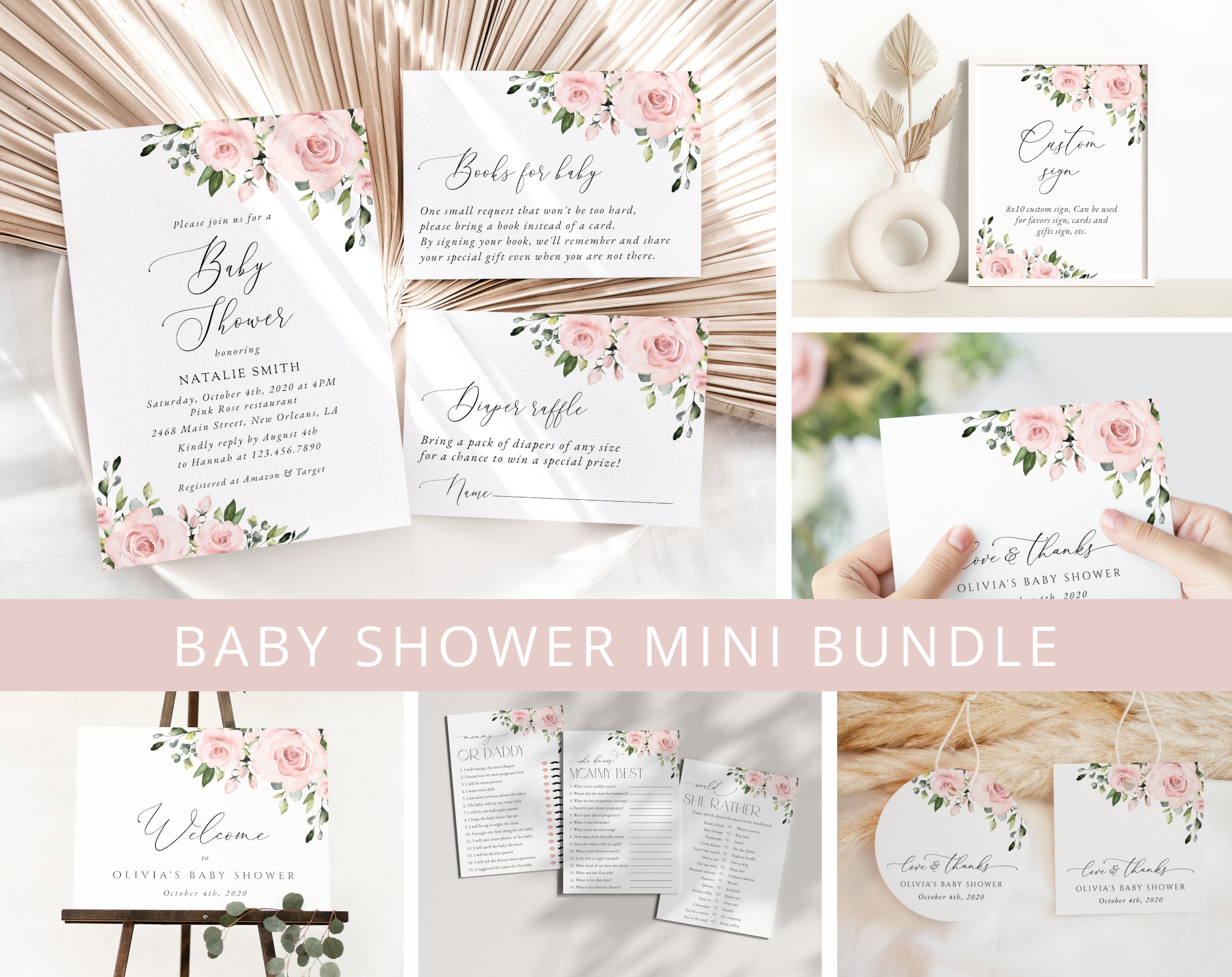 Blush Flowers Baby Shower Mini Bundle, Girl Baby Shower, Printable File, Edit Yourself, SH191 Blush Flowers Baby Shower Mini Bundle, Girl Baby Shower, Printable File, Edit Yourself, SH191