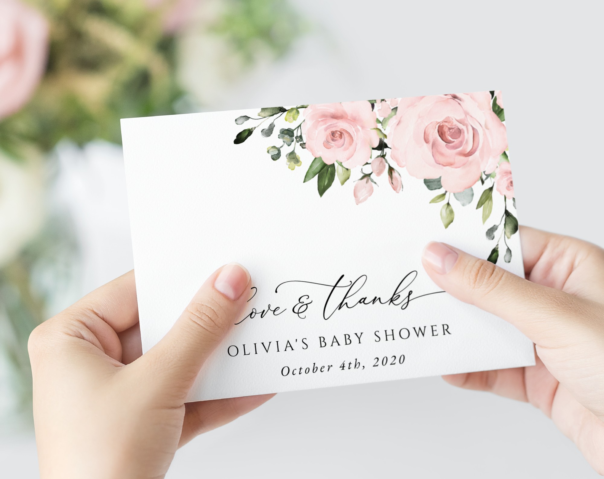 Blush Flowers Thank You Card, Girl Baby Shower, Printable File, Edit Yourself, SH191